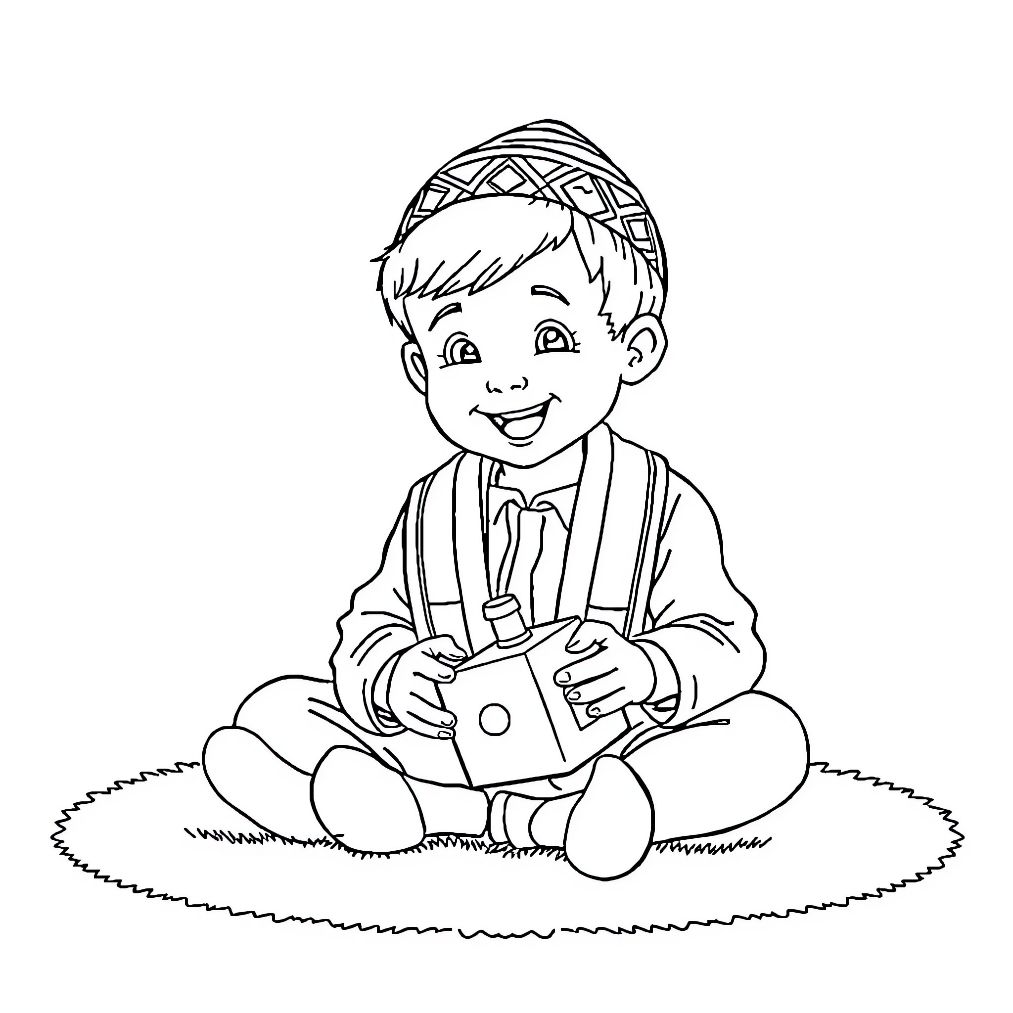 Boy playing with toys in the grass Coloring Page (free black-and-white line drawing printable PDF for all, from beginners to advanced learners, including children, teens, adults, and seniors)