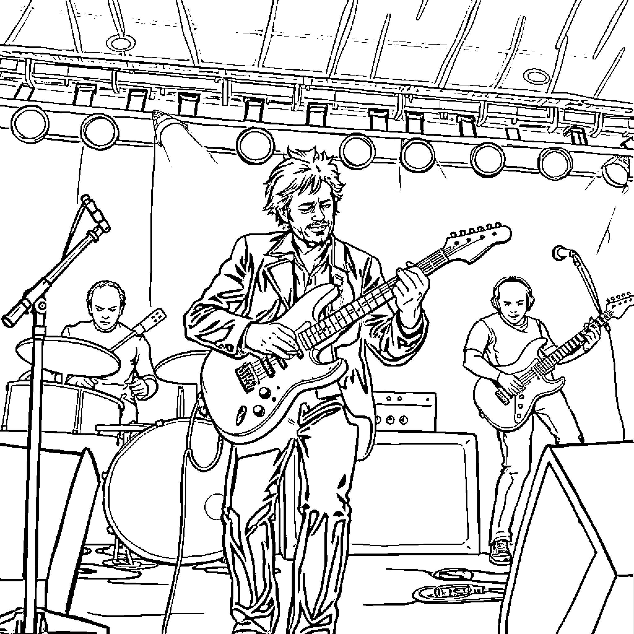 Cornemuse musicians performing on stage Coloring Page (free black-and-white line drawing printable PDF for all, from beginners to advanced learners, including children, teens, adults, and seniors)
