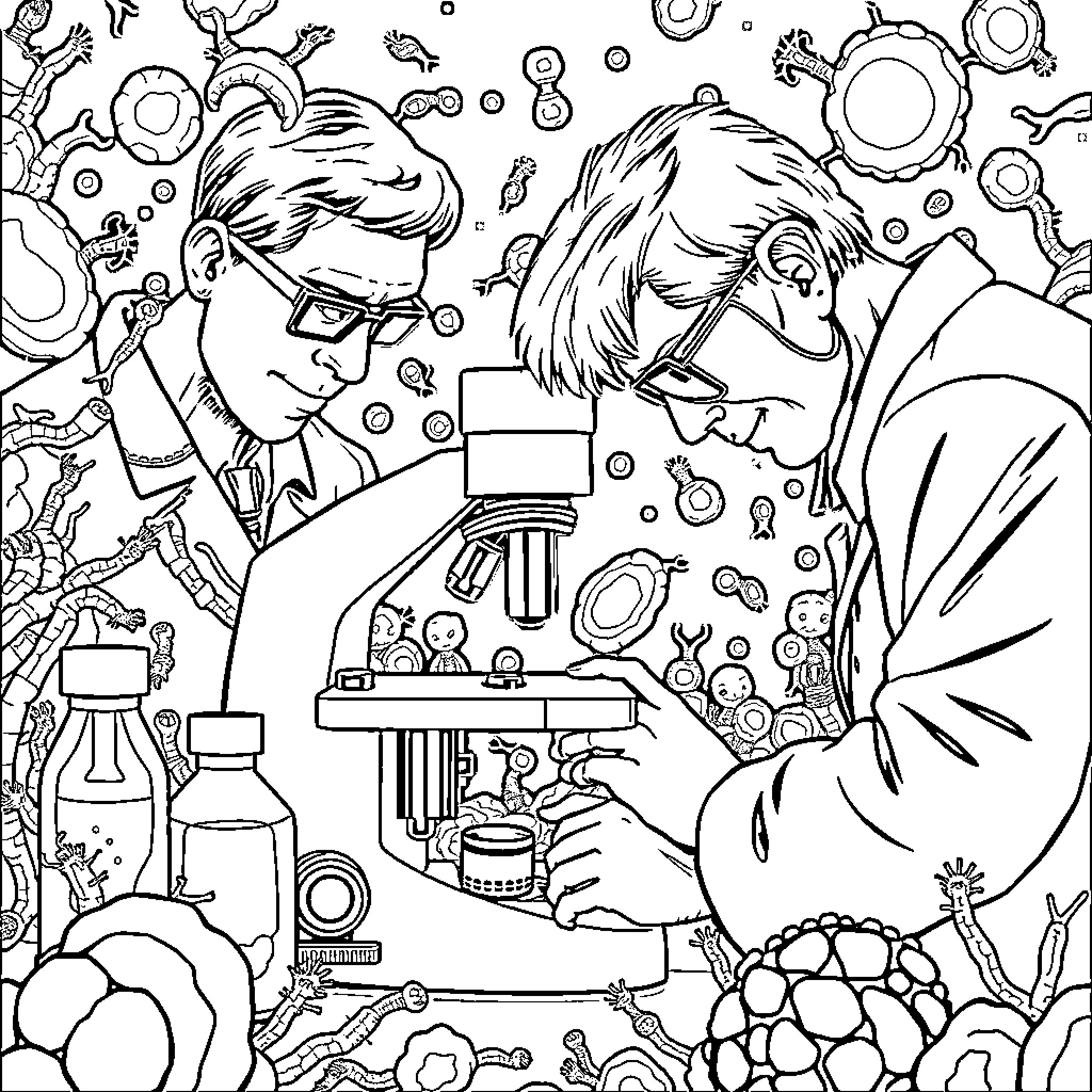 Bacteria researchers studying microscopic specimens Coloring Page (free black-and-white line drawing printable PDF for all, from beginners to advanced learners, including children, teens, adults, and seniors)