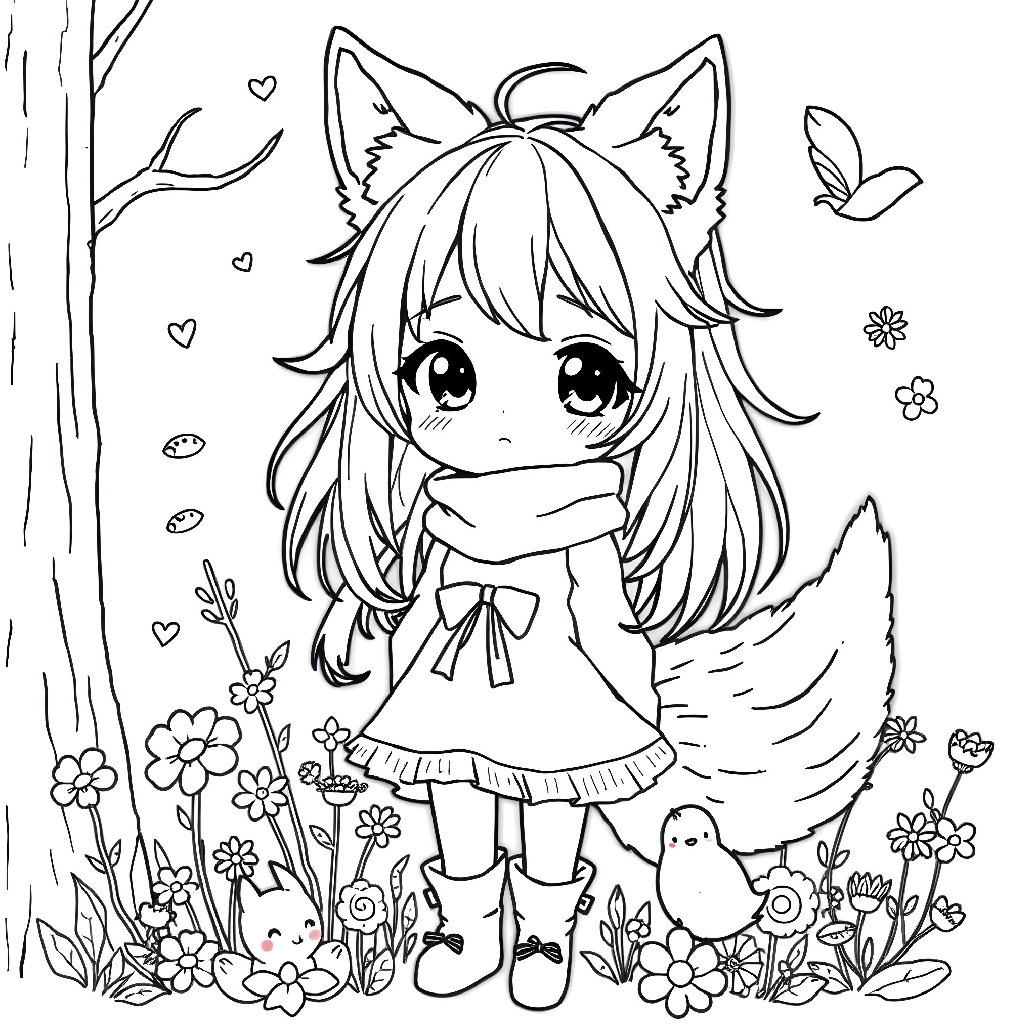 Anime Girl Gazing at Flowers and Butterflies Coloring Page (free black-and-white line drawing printable PDF for all, from beginners to advanced learners, including children, teens, adults, and seniors)