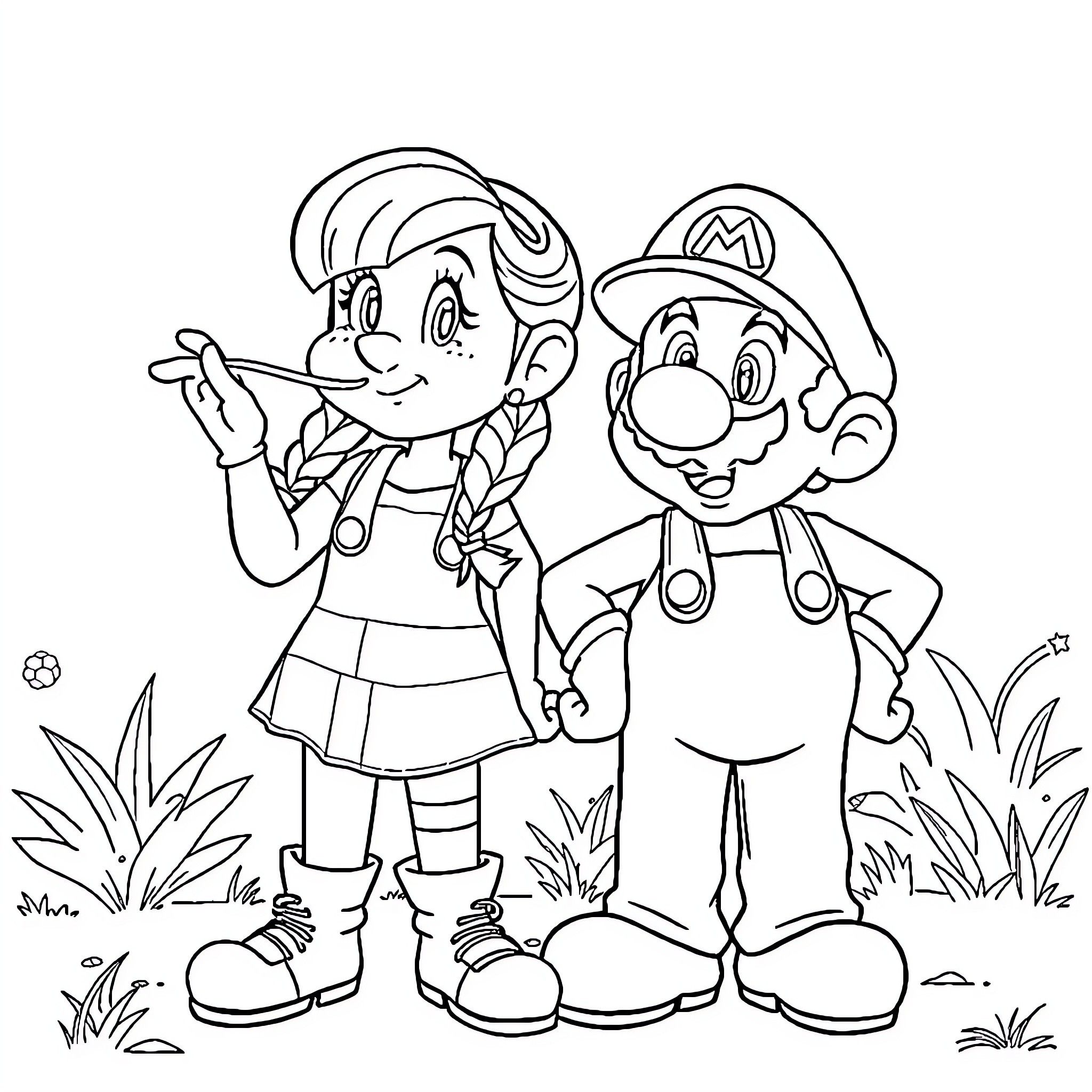 Pippi Longstocking and Mario on an Adventure Coloring Page (free black-and-white line drawing printable PDF for all, from beginners to advanced learners, including children, teens, adults, and seniors)