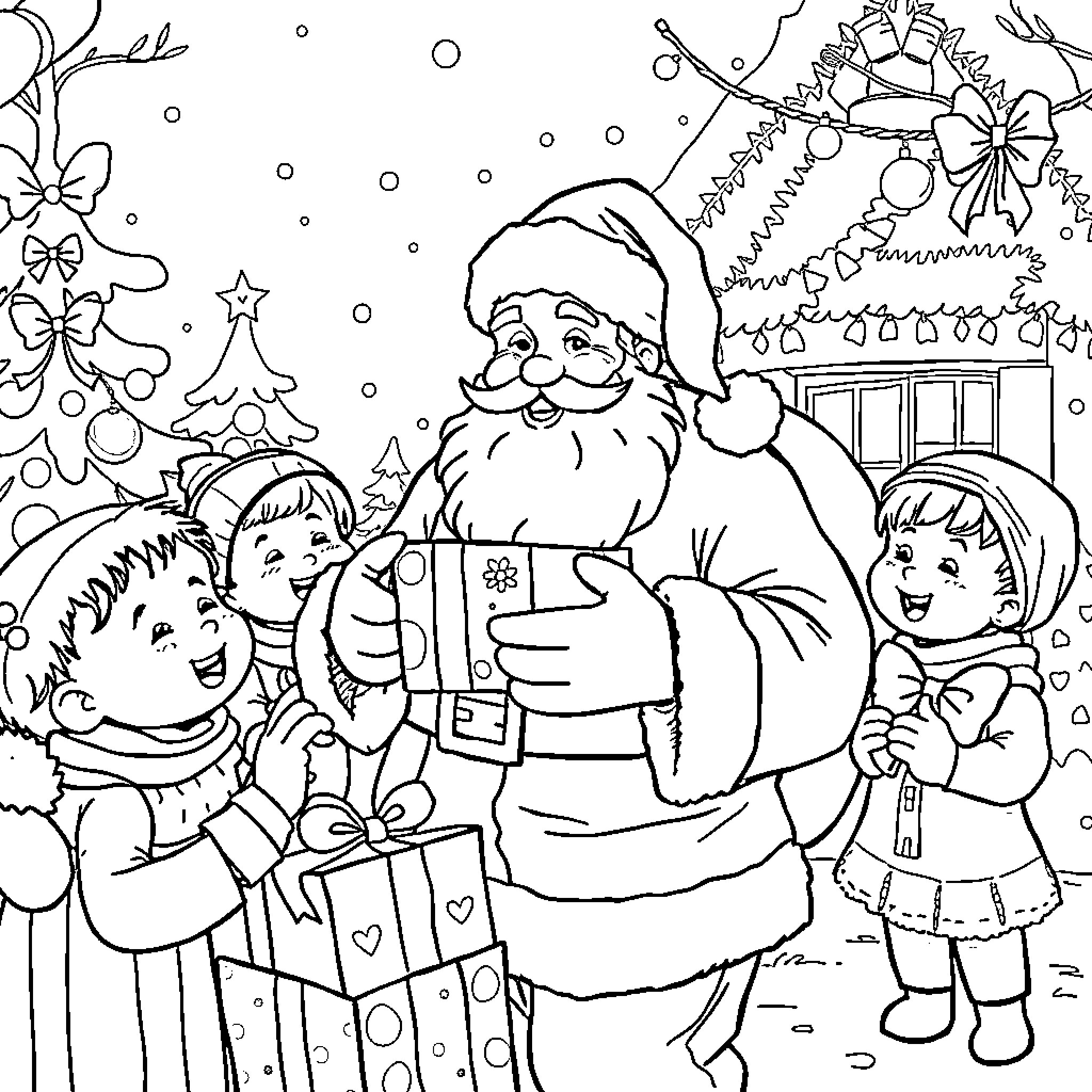 Santa Claus bringing gifts to happy children Coloring Page (free black-and-white line drawing printable PDF for all, from beginners to advanced learners, including children, teens, adults, and seniors)