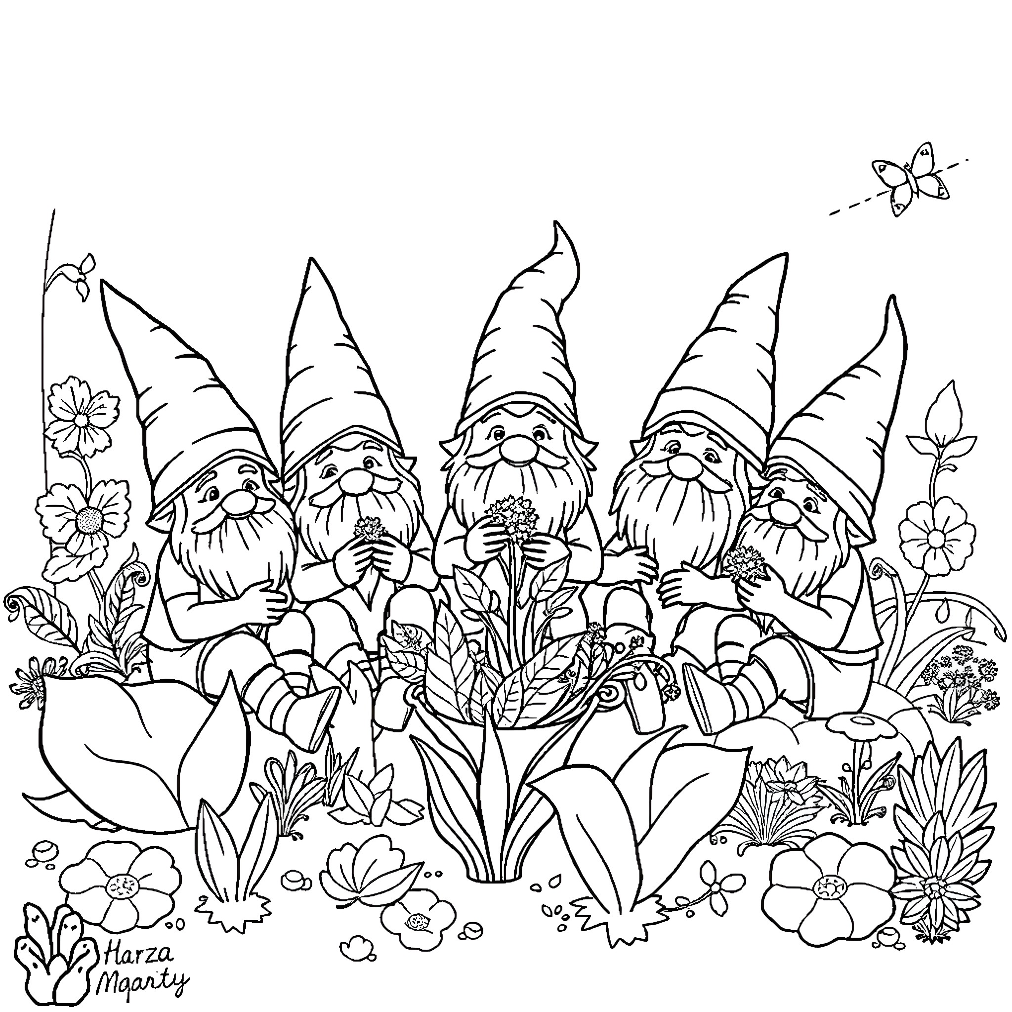 Gnomes enjoying a vibrant garden setting Coloring Page (free black-and-white line drawing printable PDF for all, from beginners to advanced learners, including children, teens, adults, and seniors)