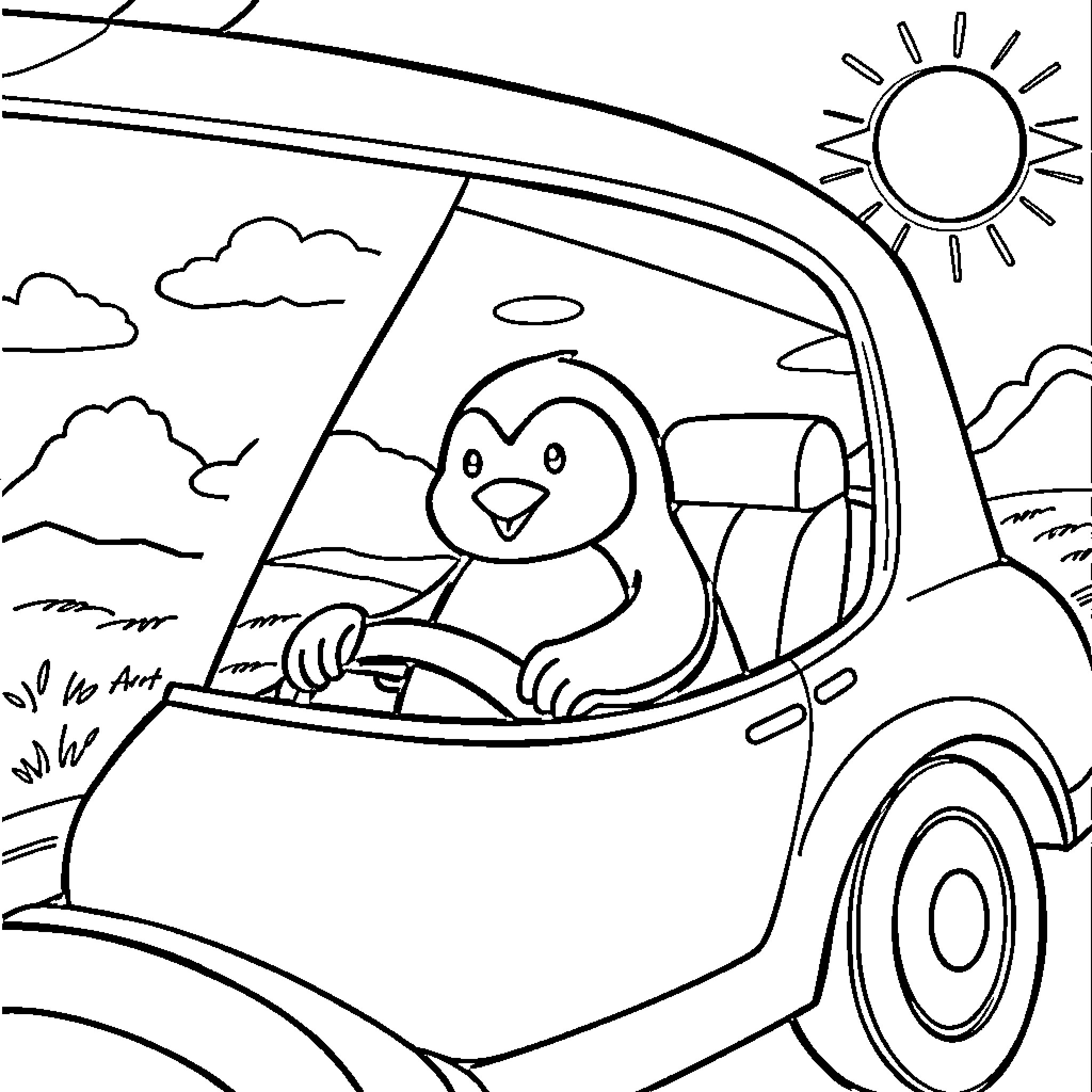 Penguin driving happily in the sunshine Coloring Page (free black-and-white line drawing printable PDF for all, from beginners to advanced learners, including children, teens, adults, and seniors)