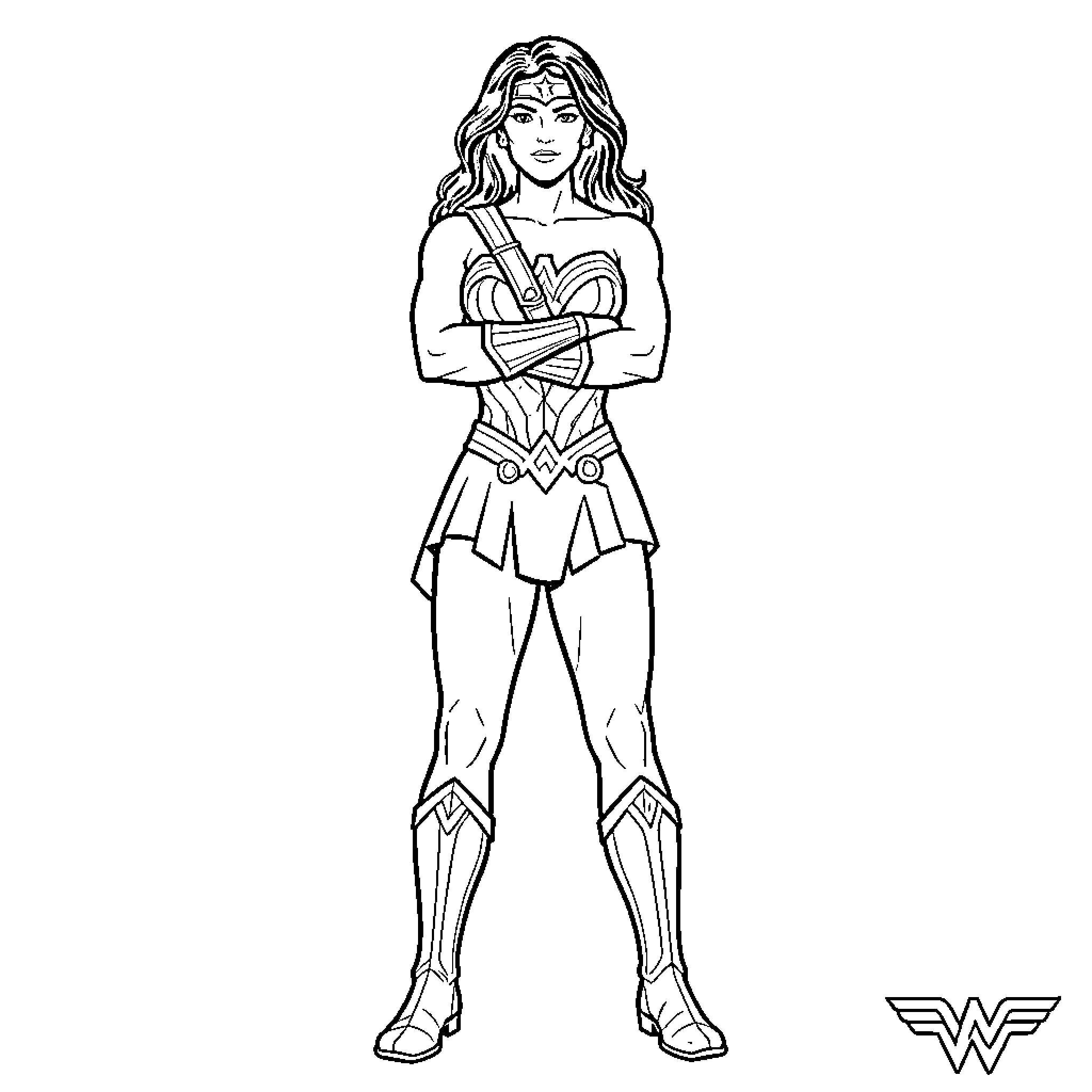 Wonder Woman standing heroically with arms crossed Coloring Page (free black-and-white line drawing printable PDF for all, from beginners to advanced learners, including children, teens, adults, and seniors)