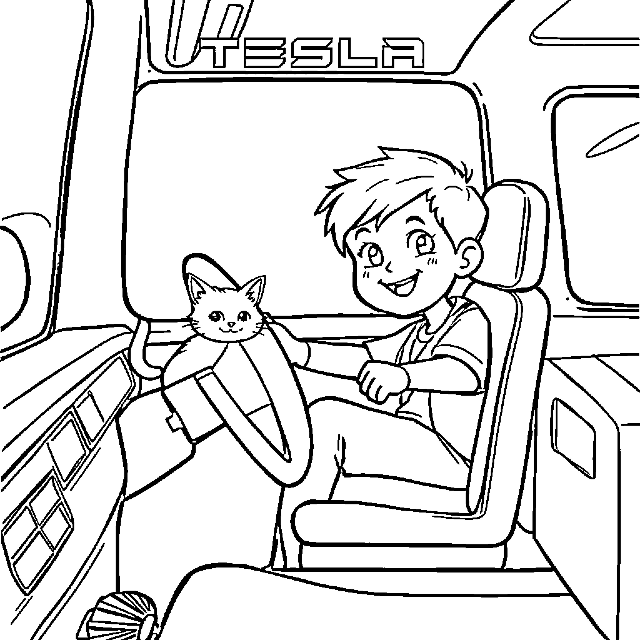 Boy driving a Tesla with a cat Coloring Page (free black-and-white line drawing printable PDF for all, from beginners to advanced learners, including children, teens, adults, and seniors)