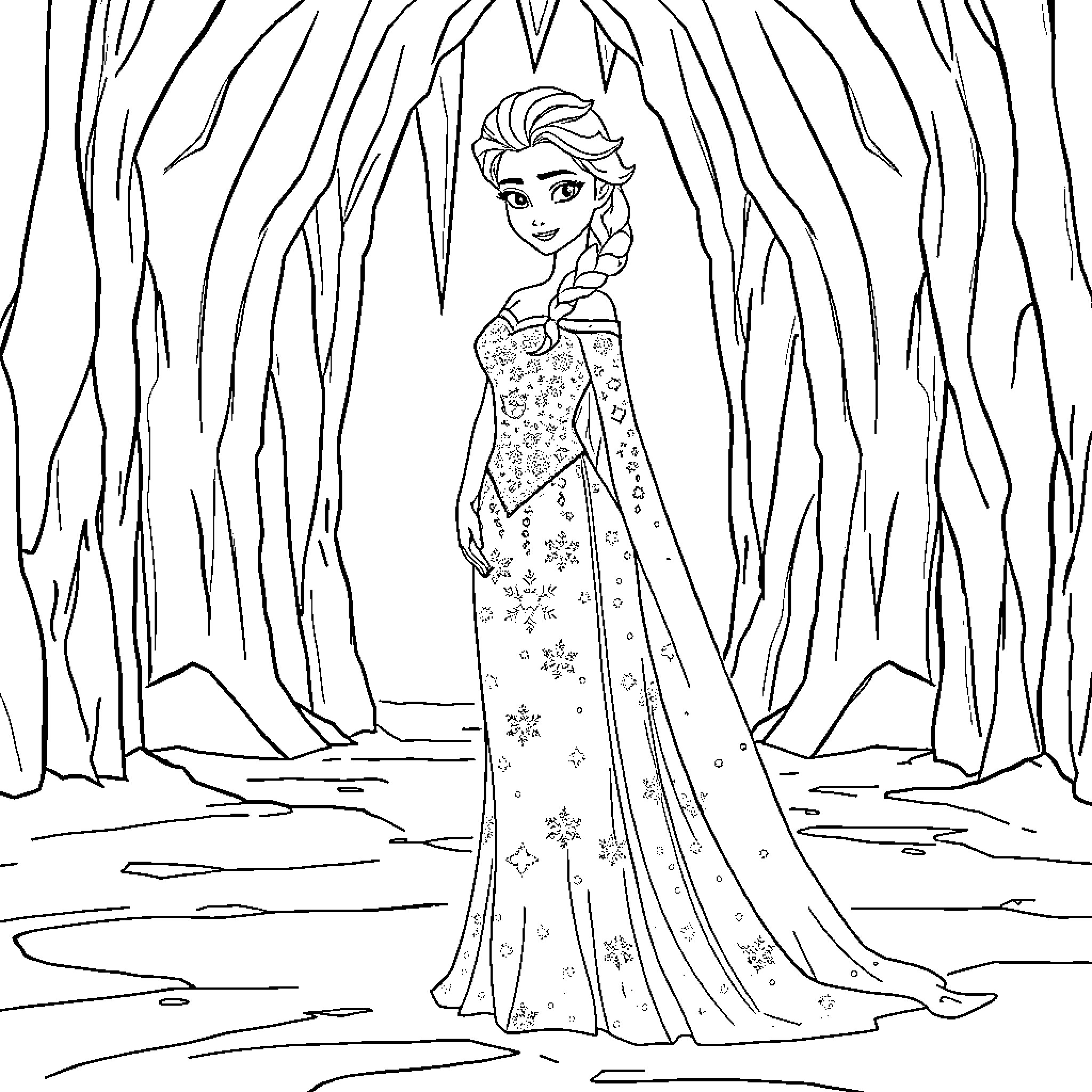 Elsa in a Snowy Forest Scene Coloring Page (free black-and-white line drawing printable PDF for all, from beginners to advanced learners, including children, teens, adults, and seniors)