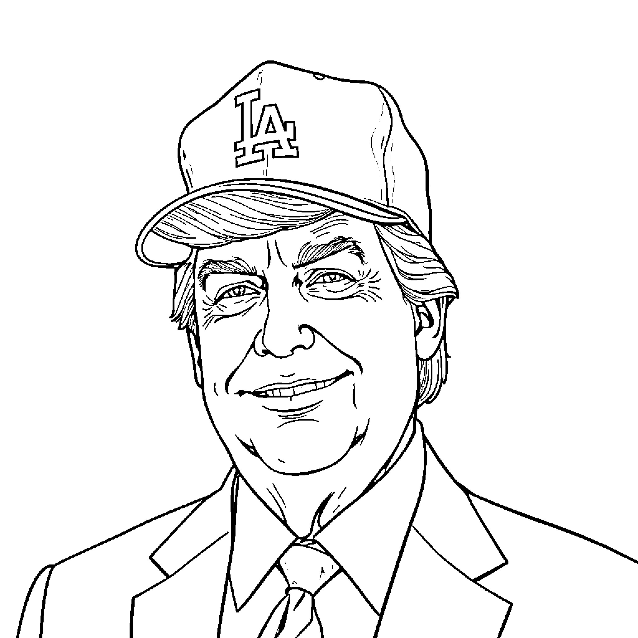 Trump wearing LA cap and smiling confidently Coloring Page (free black-and-white line drawing printable PDF for all, from beginners to advanced learners, including children, teens, adults, and seniors)