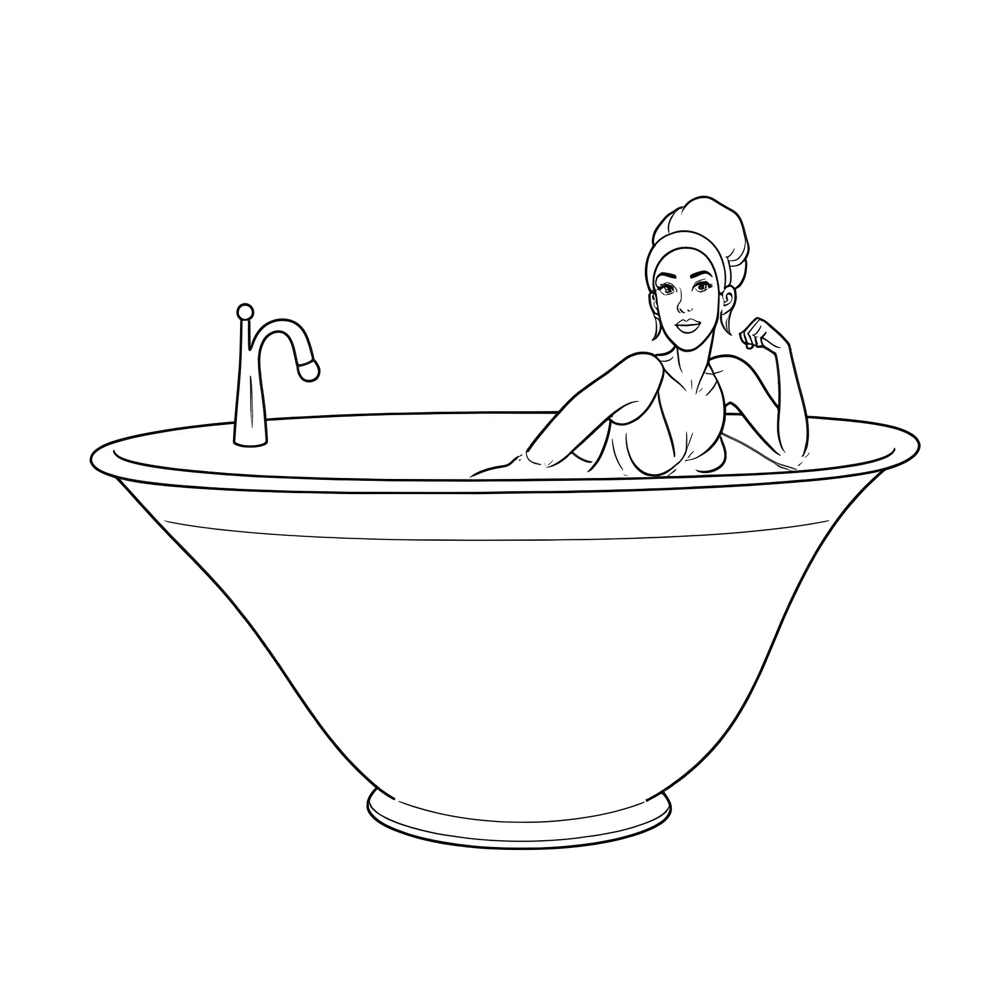 Female in relaxing bath Coloring Page (free black-and-white line drawing printable PDF for all, from beginners to advanced learners, including children, teens, adults, and seniors)