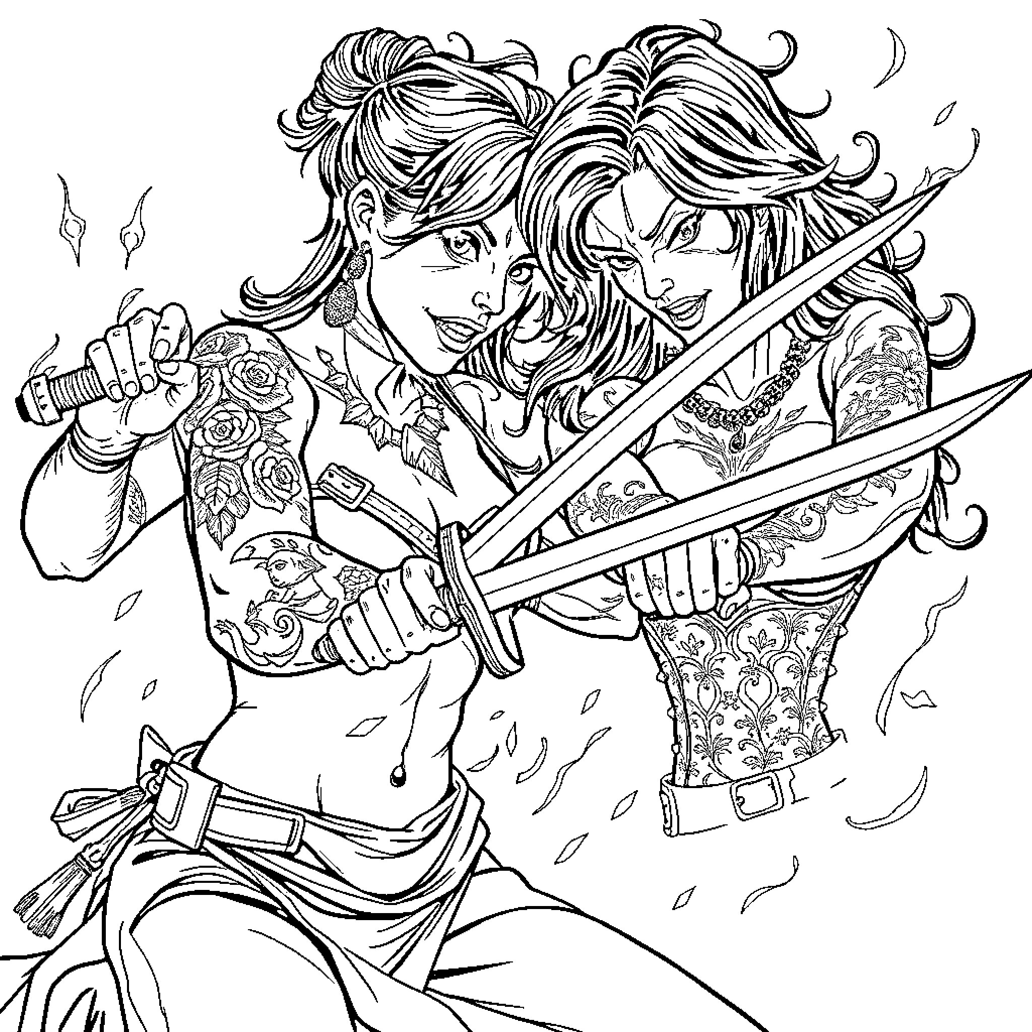 Woman wielding swords in combat stance Coloring Page (free black-and-white line drawing printable PDF for all, from beginners to advanced learners, including children, teens, adults, and seniors)