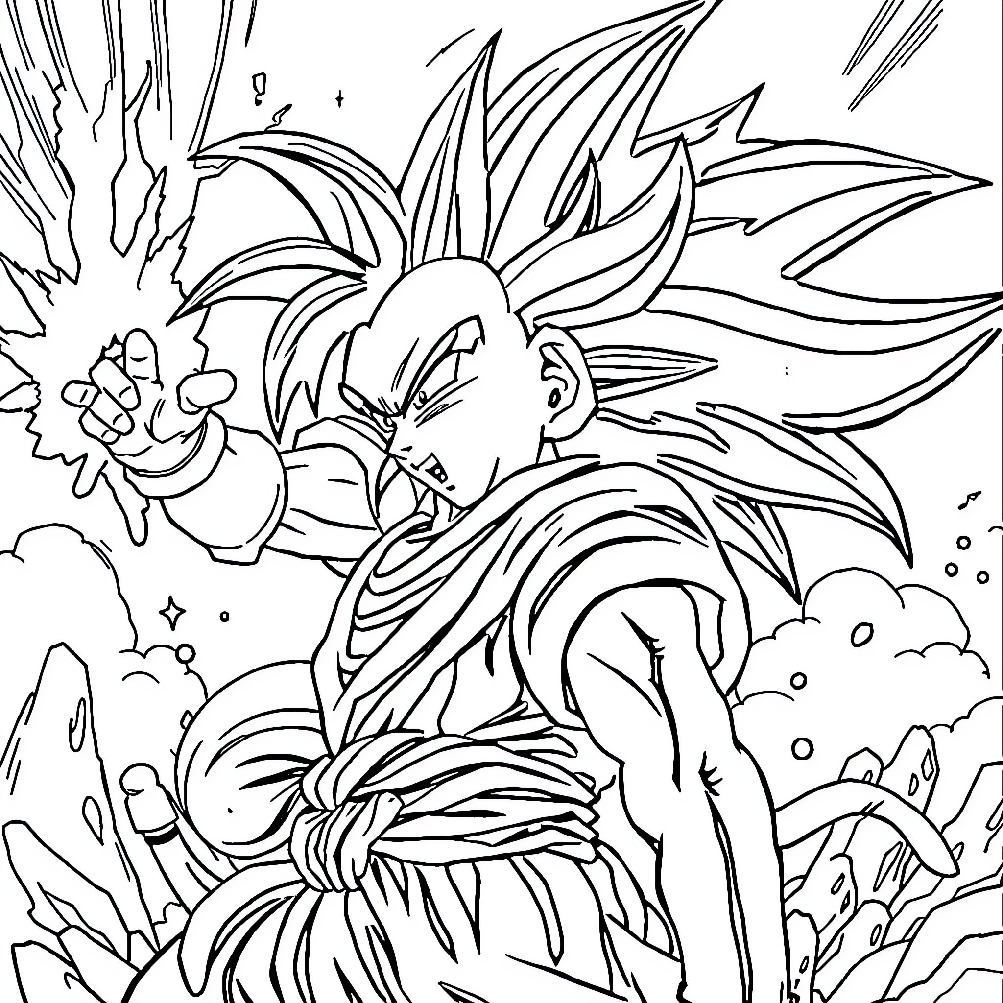 Dragon Ball Warrior's Fierce Battle Stance Coloring Page (free black-and-white line drawing printable PDF for all, from beginners to advanced learners, including children, teens, adults, and seniors)