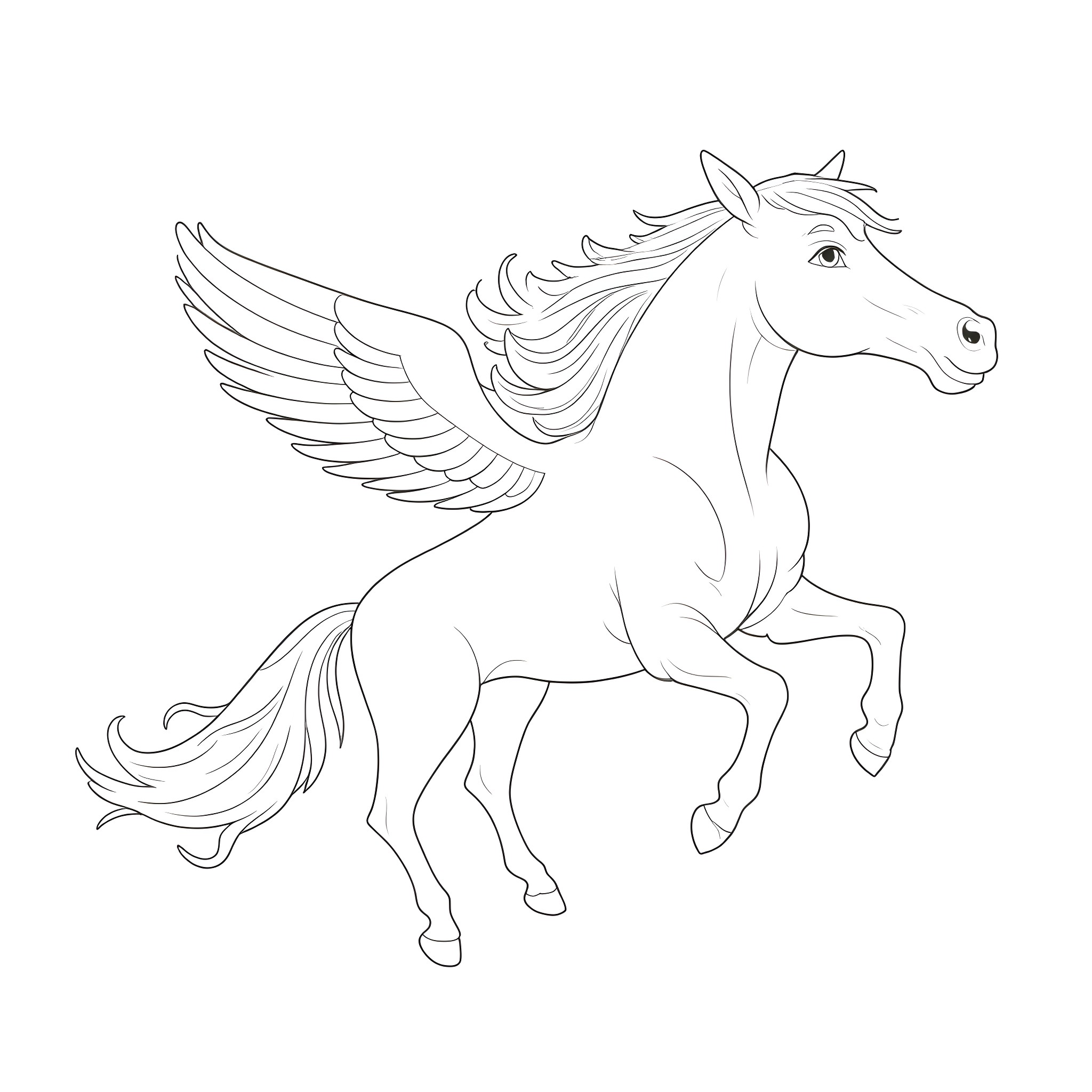 Horse with majestic wings in motion Coloring Page (free black-and-white line drawing printable PDF for all, from beginners to advanced learners, including children, teens, adults, and seniors)