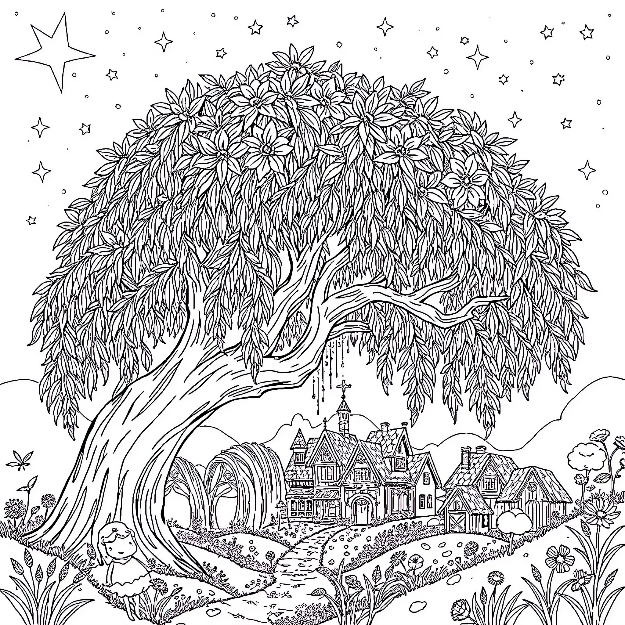 Fairy Tree with Starry Skies above a Quaint Village Coloring Page (free black-and-white line drawing printable PDF for all, from beginners to advanced learners, including children, teens, adults, and seniors)