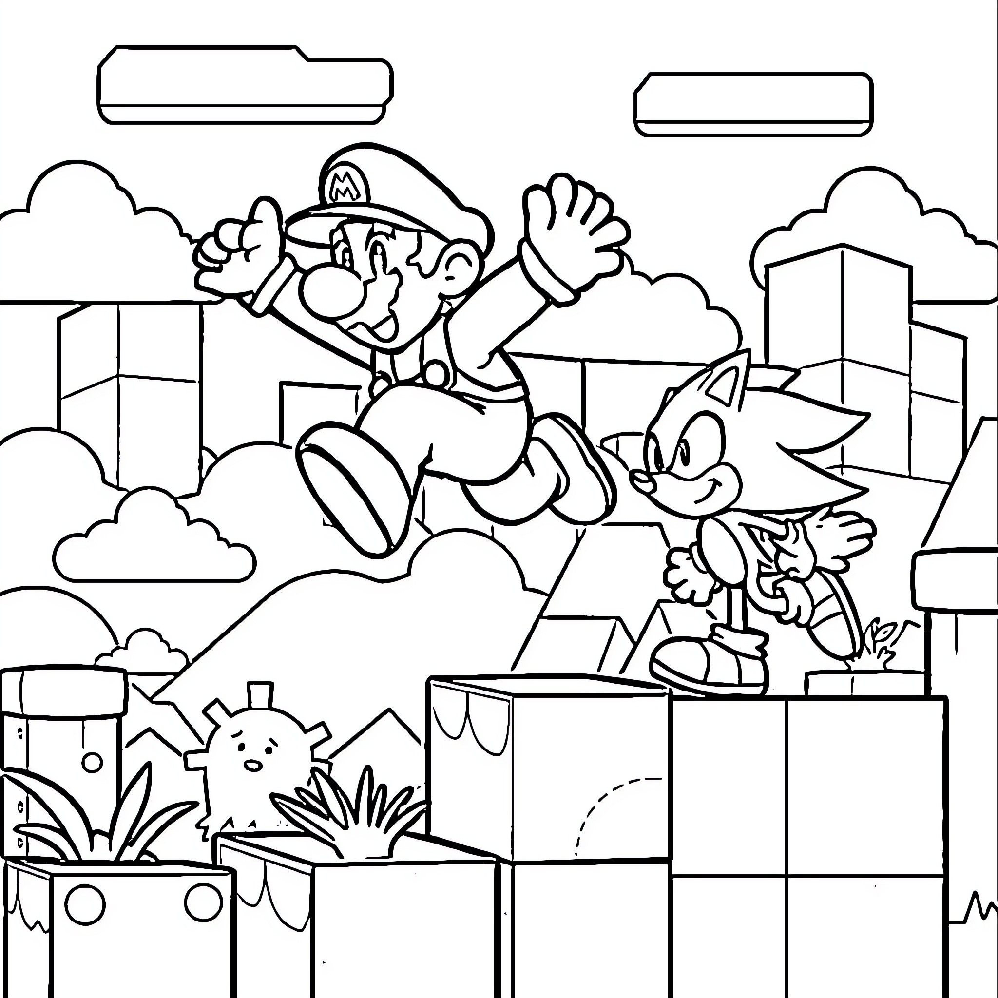Mario and Sonic racing through the city Coloring Page (free black-and-white line drawing printable PDF for all, from beginners to advanced learners, including children, teens, adults, and seniors)