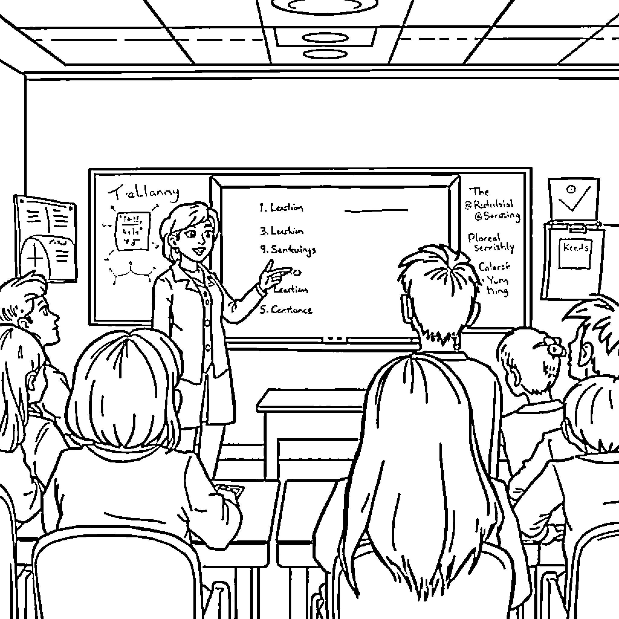 Teacher presenting lesson plan to students in classroom Coloring Page (free black-and-white line drawing printable PDF for all, from beginners to advanced learners, including children, teens, adults, and seniors)