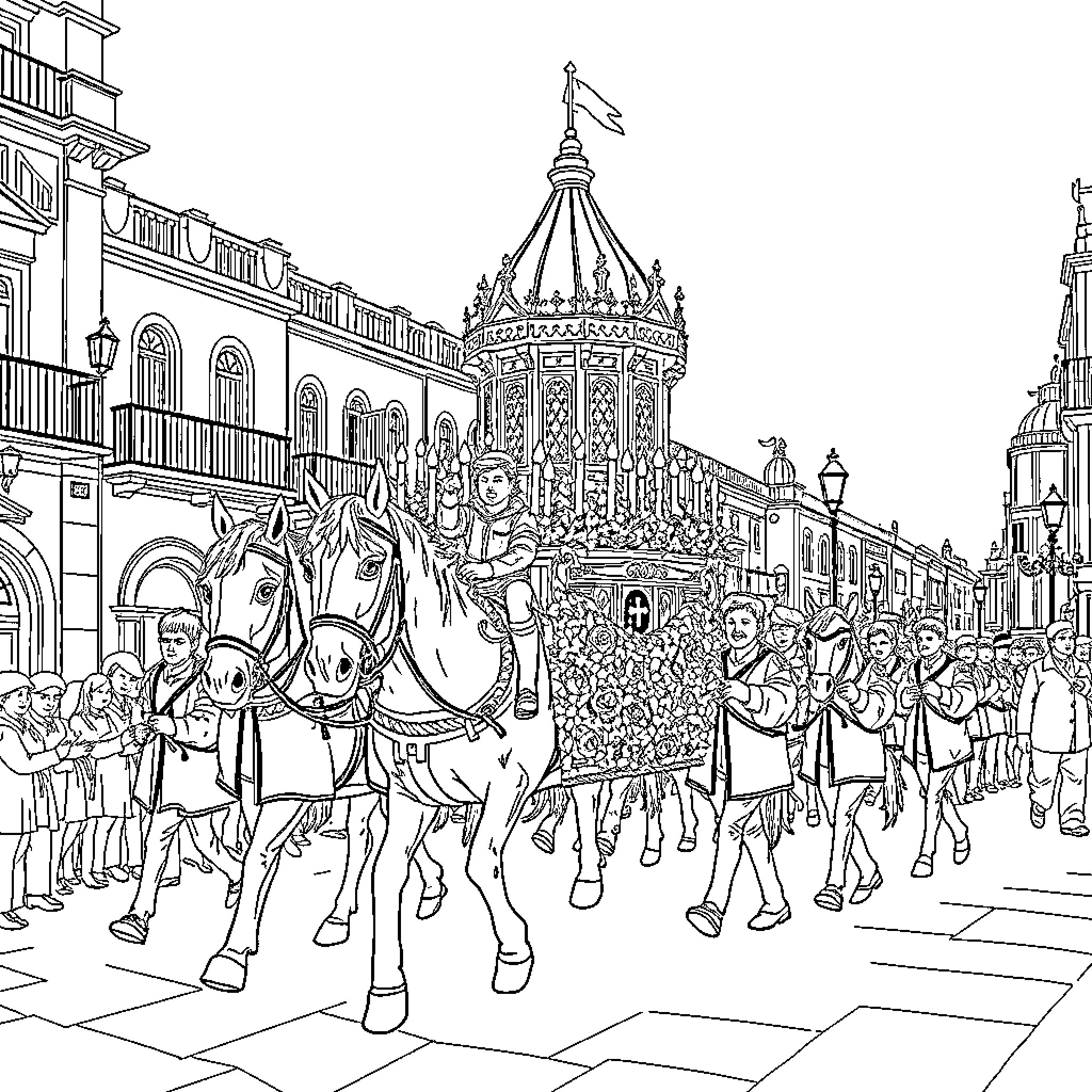 Palio festival with horses, riders, and crowd in the city Coloring Page (free black-and-white line drawing printable PDF for all, from beginners to advanced learners, including children, teens, adults, and seniors)