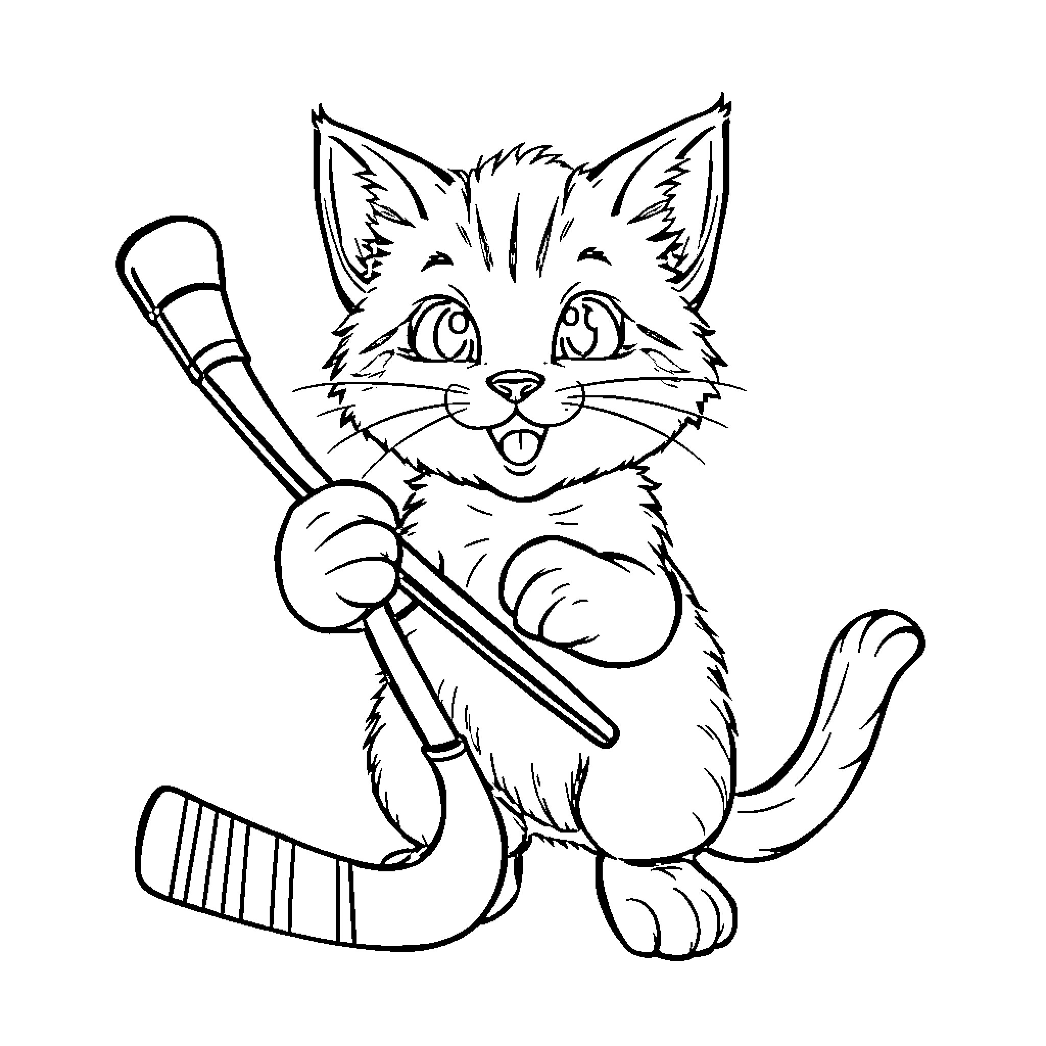 Cat playing with hockey stick Coloring Page (free black-and-white line drawing printable PDF for all, from beginners to advanced learners, including children, teens, adults, and seniors)