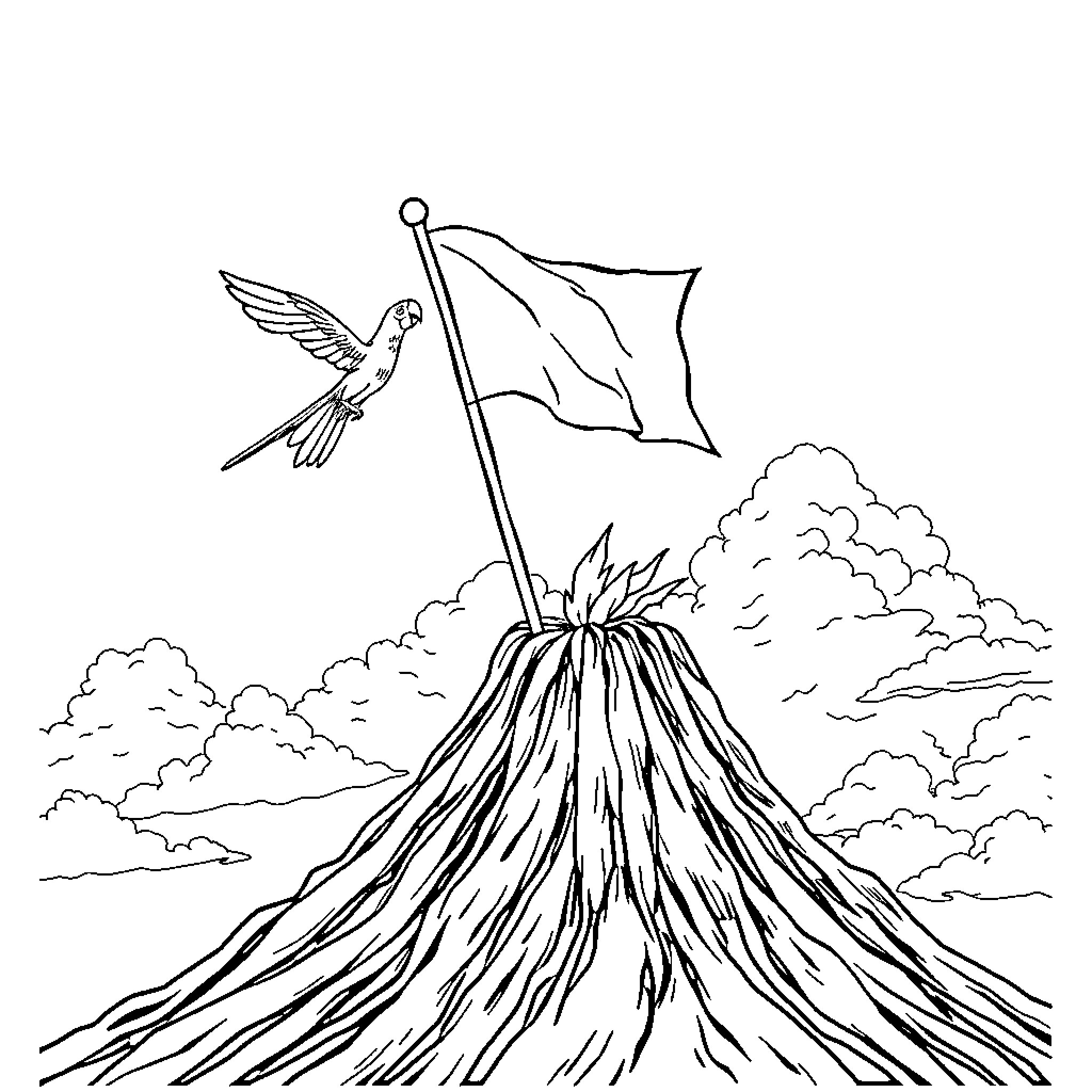 Flag flying on a volcanic landscape with a bird Coloring Page (free black-and-white line drawing printable PDF for all, from beginners to advanced learners, including children, teens, adults, and seniors)