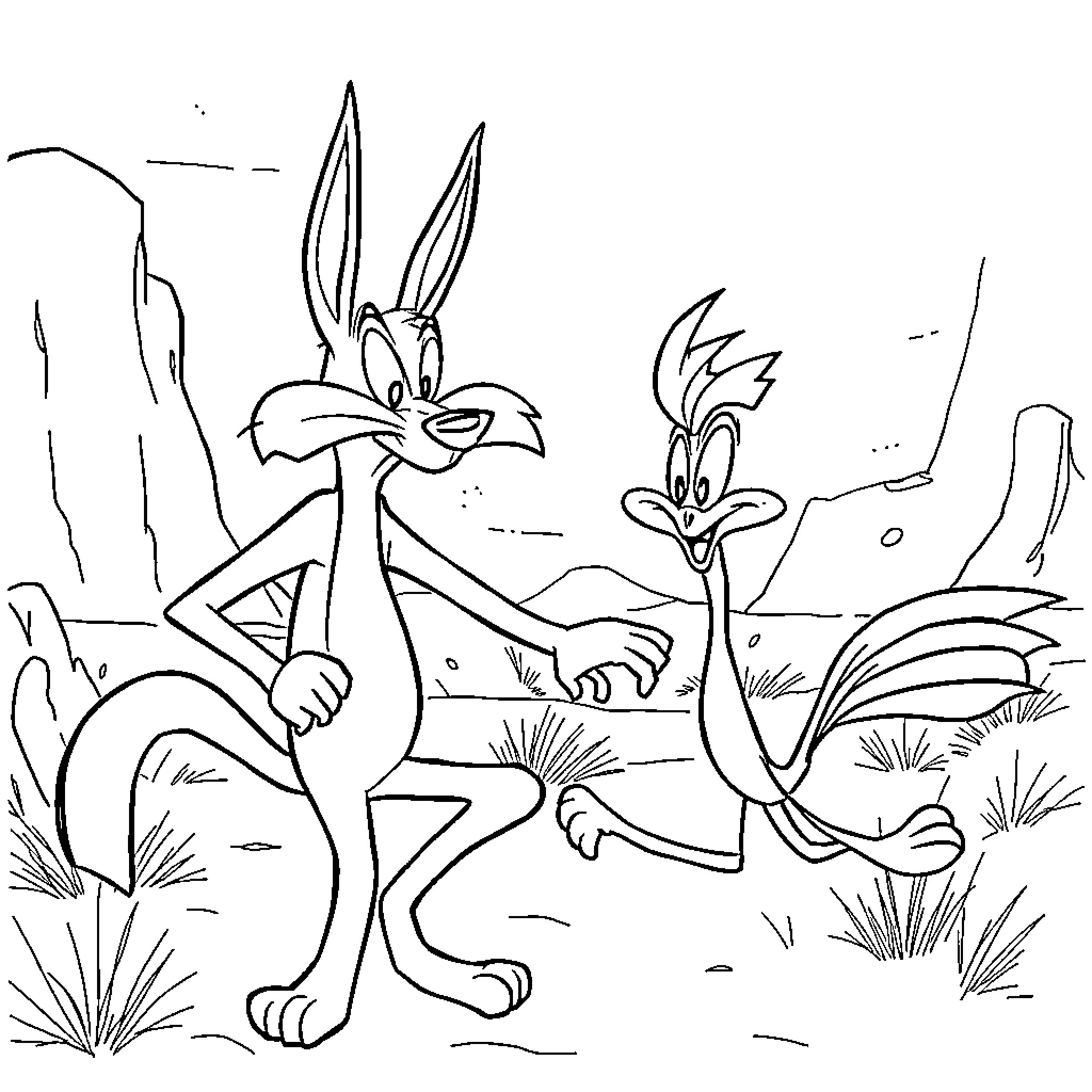 Wile E. Coyote's Crazy Desert Antics Coloring Page (free black-and-white line drawing printable PDF for all, from beginners to advanced learners, including children, teens, adults, and seniors)