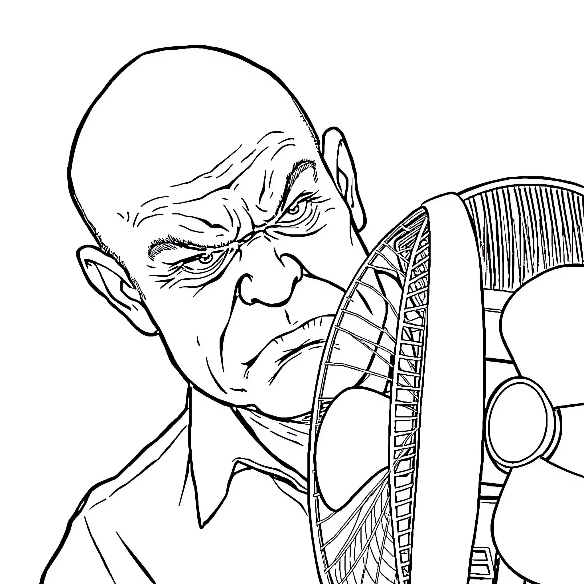 Man with intense expression and mechanical device Coloring Page (free black-and-white line drawing printable PDF for all, from beginners to advanced learners, including children, teens, adults, and seniors)
