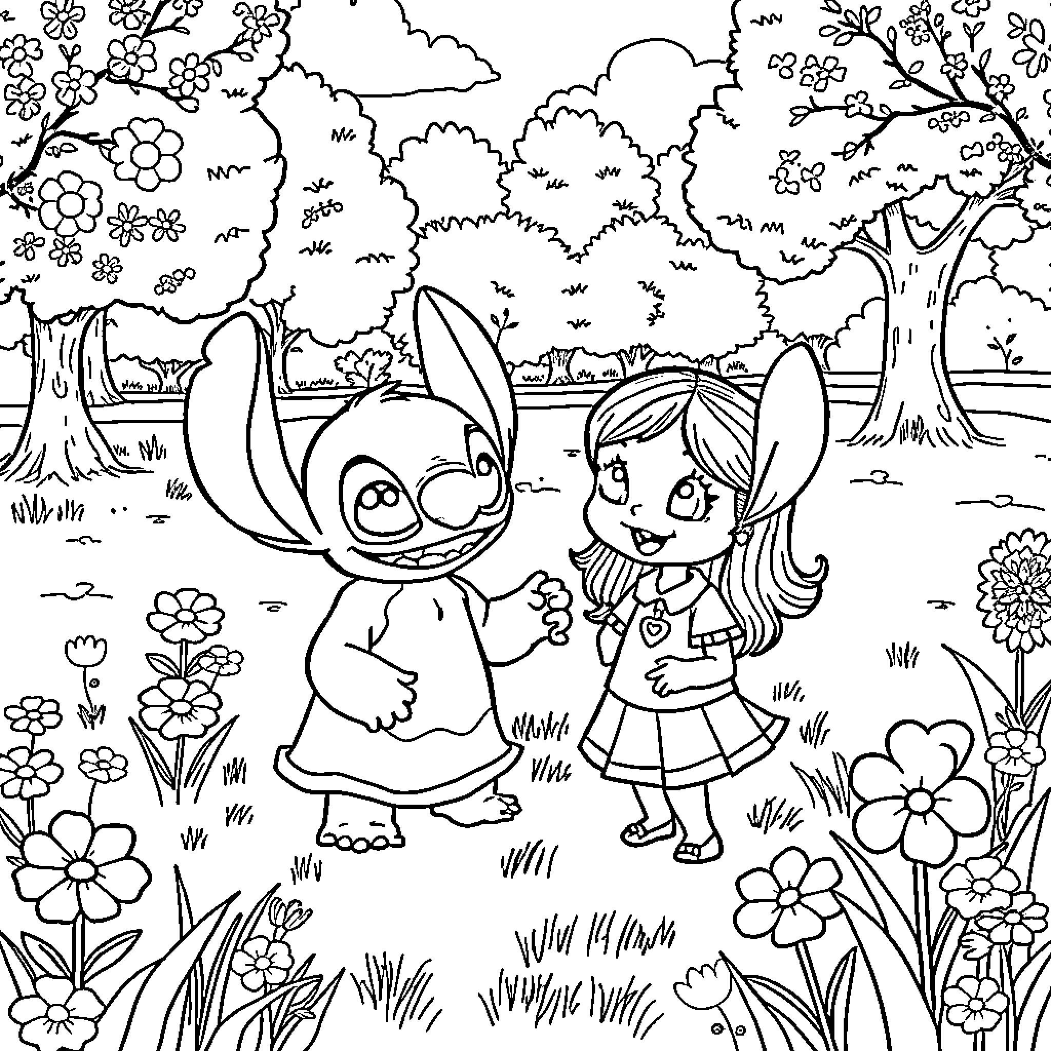 Stitch and Girl Playing in Flower-Filled Forest Coloring Page (free black-and-white line drawing printable PDF for all, from beginners to advanced learners, including children, teens, adults, and seniors)