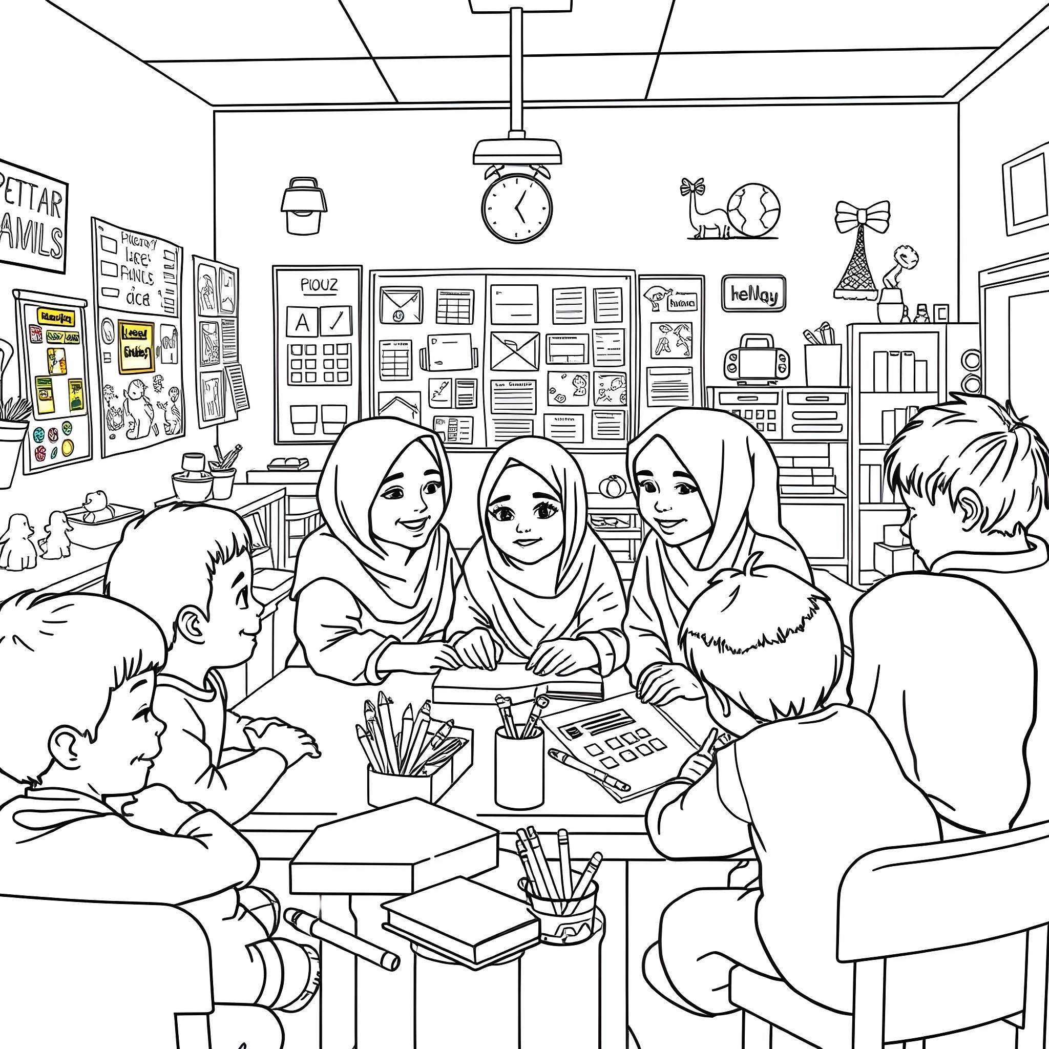 Children studying together in the classroom Coloring Page (free black-and-white line drawing printable PDF for all, from beginners to advanced learners, including children, teens, adults, and seniors)