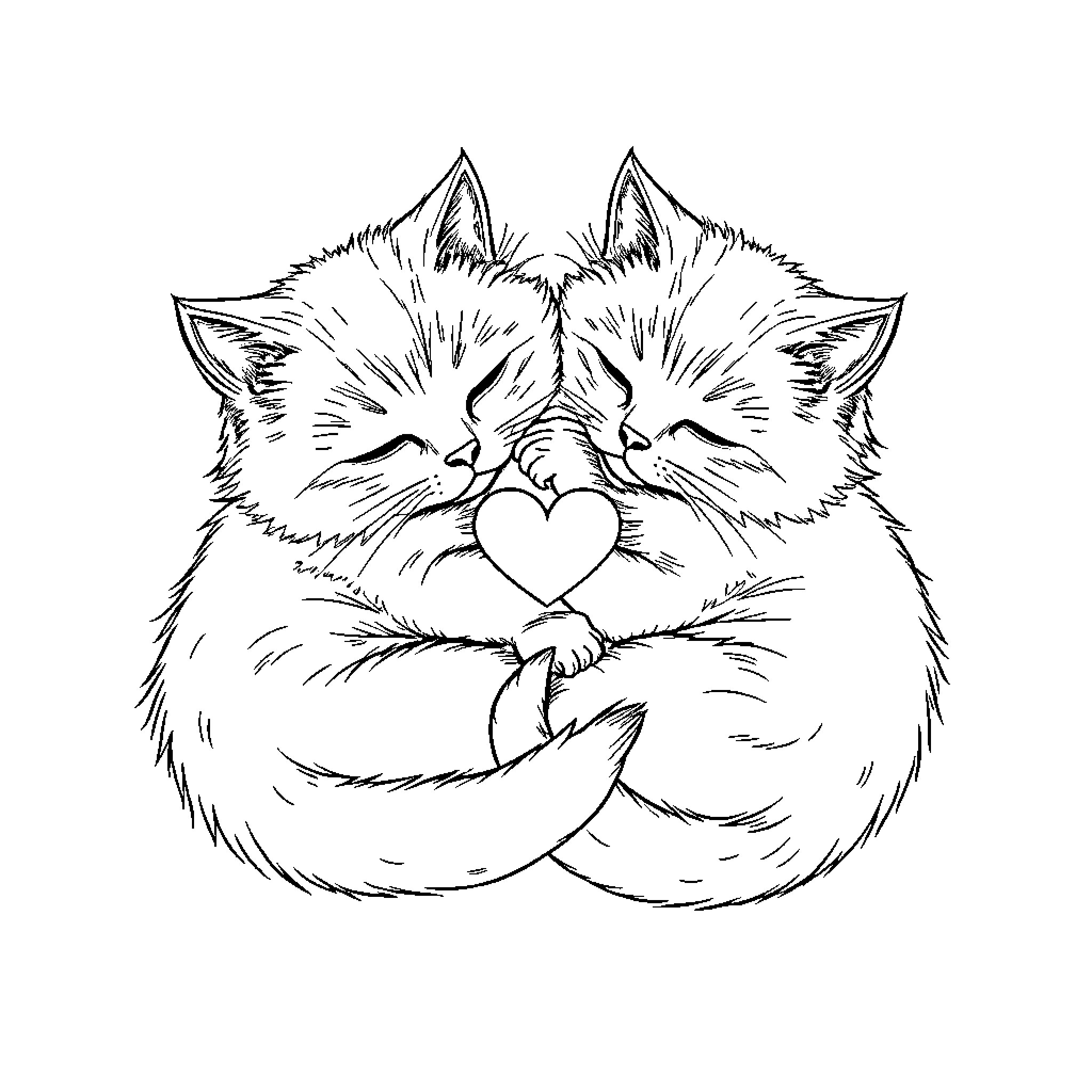 Cat cuddling with heart-shaped object Coloring Page (free black-and-white line drawing printable PDF for all, from beginners to advanced learners, including children, teens, adults, and seniors)