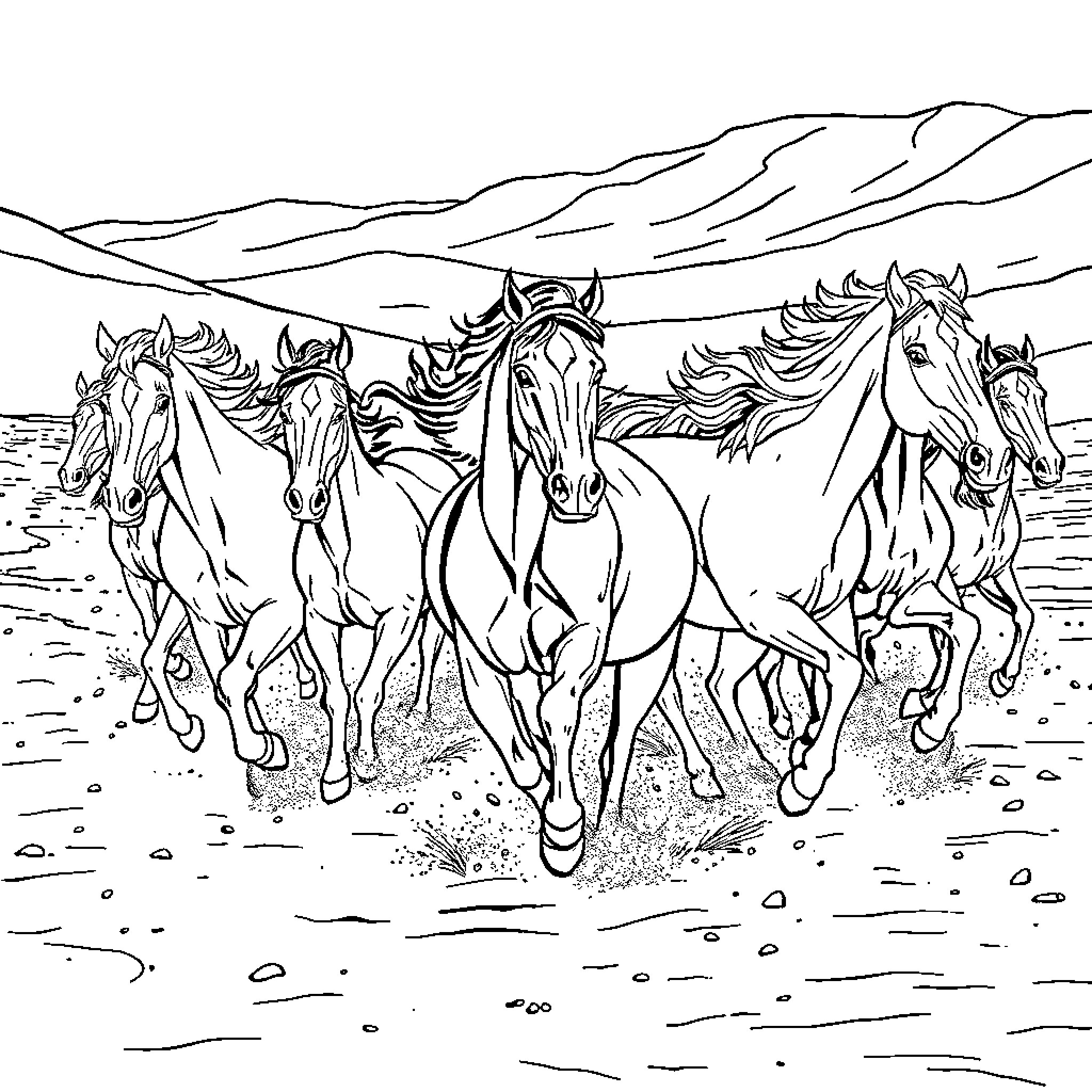Horse herd galloping through rugged landscape Coloring Page (free black-and-white line drawing printable PDF for all, from beginners to advanced learners, including children, teens, adults, and seniors)