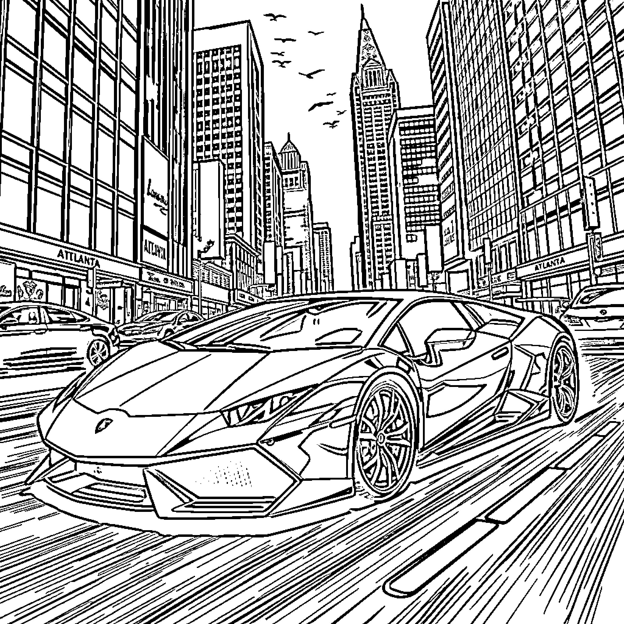 Lamborghini speeding through the bustling city streets Coloring Page (free black-and-white line drawing printable PDF for all, from beginners to advanced learners, including children, teens, adults, and seniors)