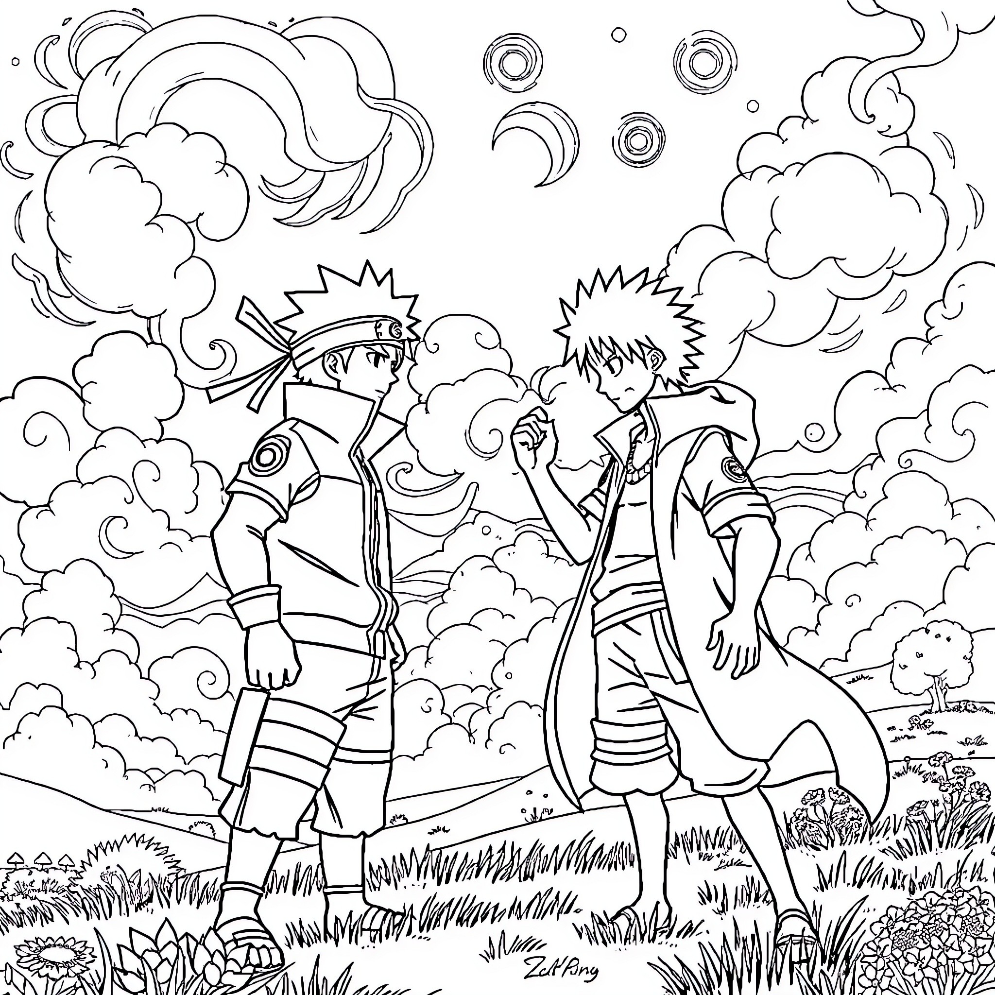 Naruto vs Luffy: Intense Clash of Shinobi and Pirate Coloring Page (free black-and-white line drawing printable PDF for all, from beginners to advanced learners, including children, teens, adults, and seniors)