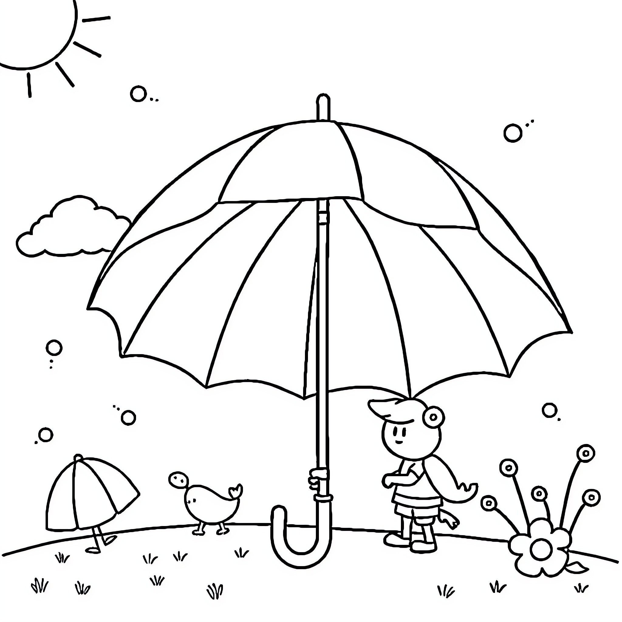 Umbrella protecting a person from the rain Coloring Page (free black-and-white line drawing printable PDF for all, from beginners to advanced learners, including children, teens, adults, and seniors)