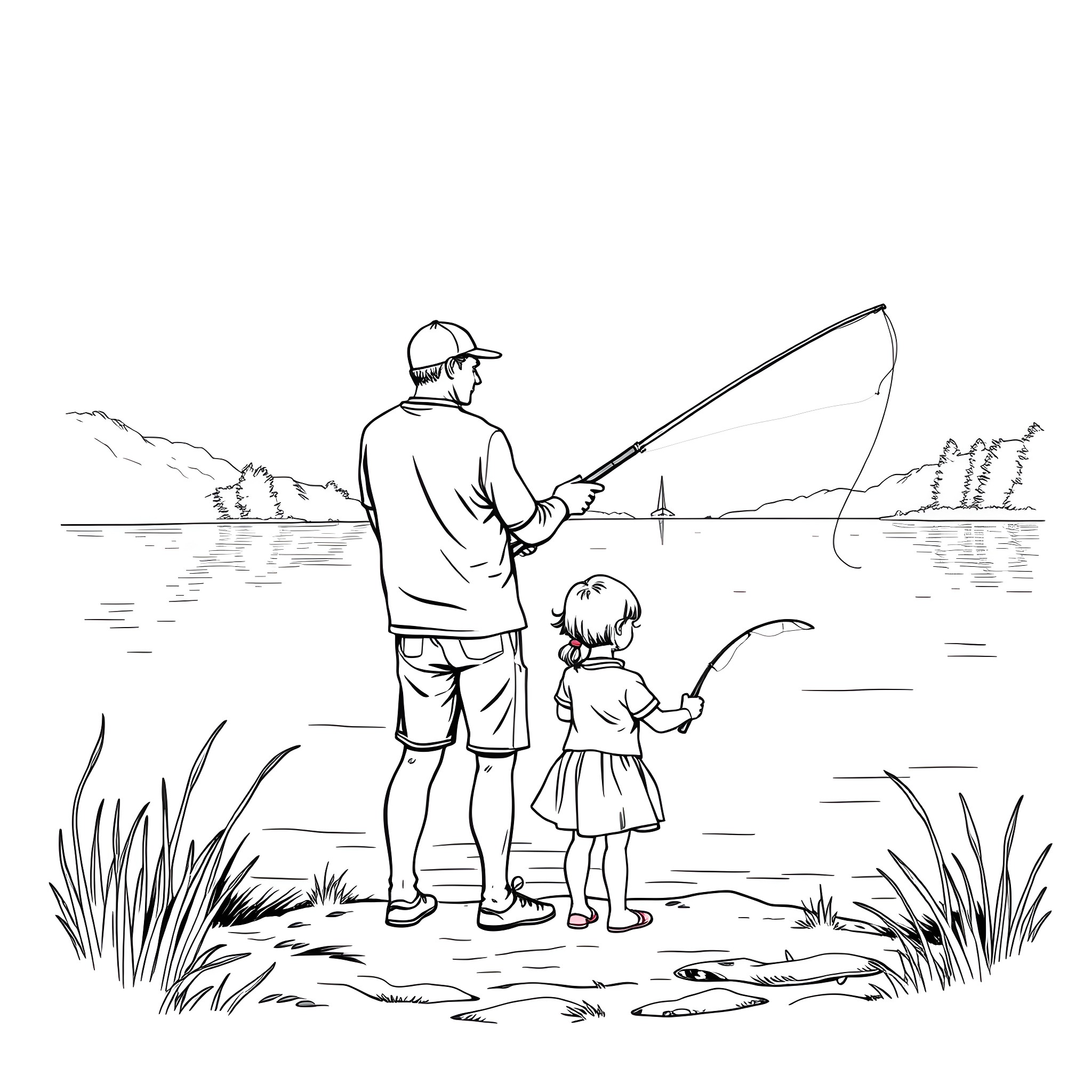 Fishing with a child in nature Coloring Page (free black-and-white line drawing printable PDF for all, from beginners to advanced learners, including children, teens, adults, and seniors)