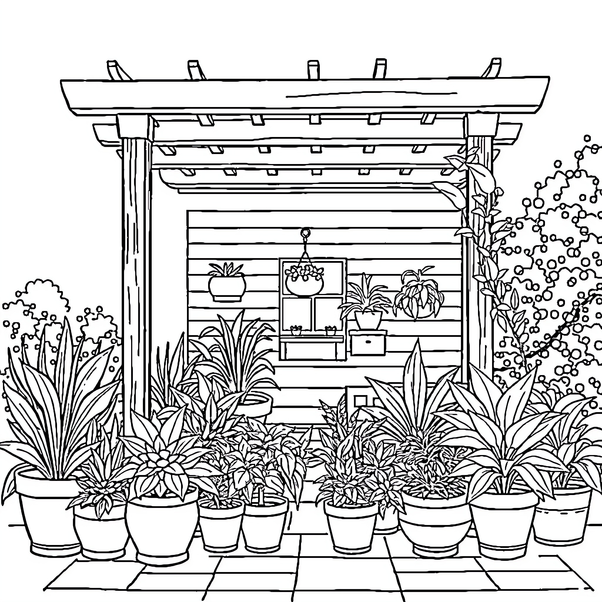 Plant-filled patio with potted plants and decorative structures Coloring Page (free black-and-white line drawing printable PDF for all, from beginners to advanced learners, including children, teens, adults, and seniors)