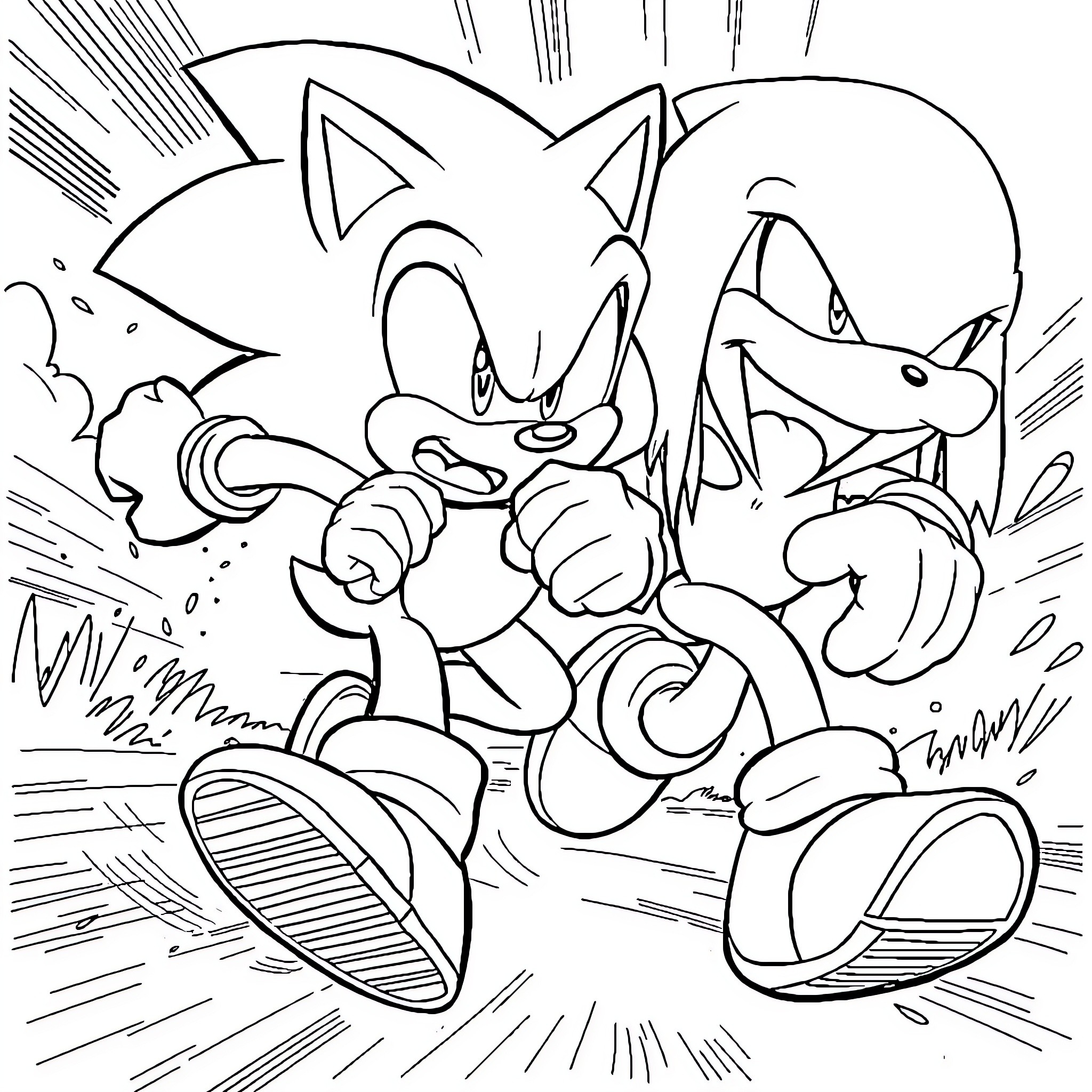 Sonic characters in high-speed action and adventure Coloring Page (free black-and-white line drawing printable PDF for all, from beginners to advanced learners, including children, teens, adults, and seniors)