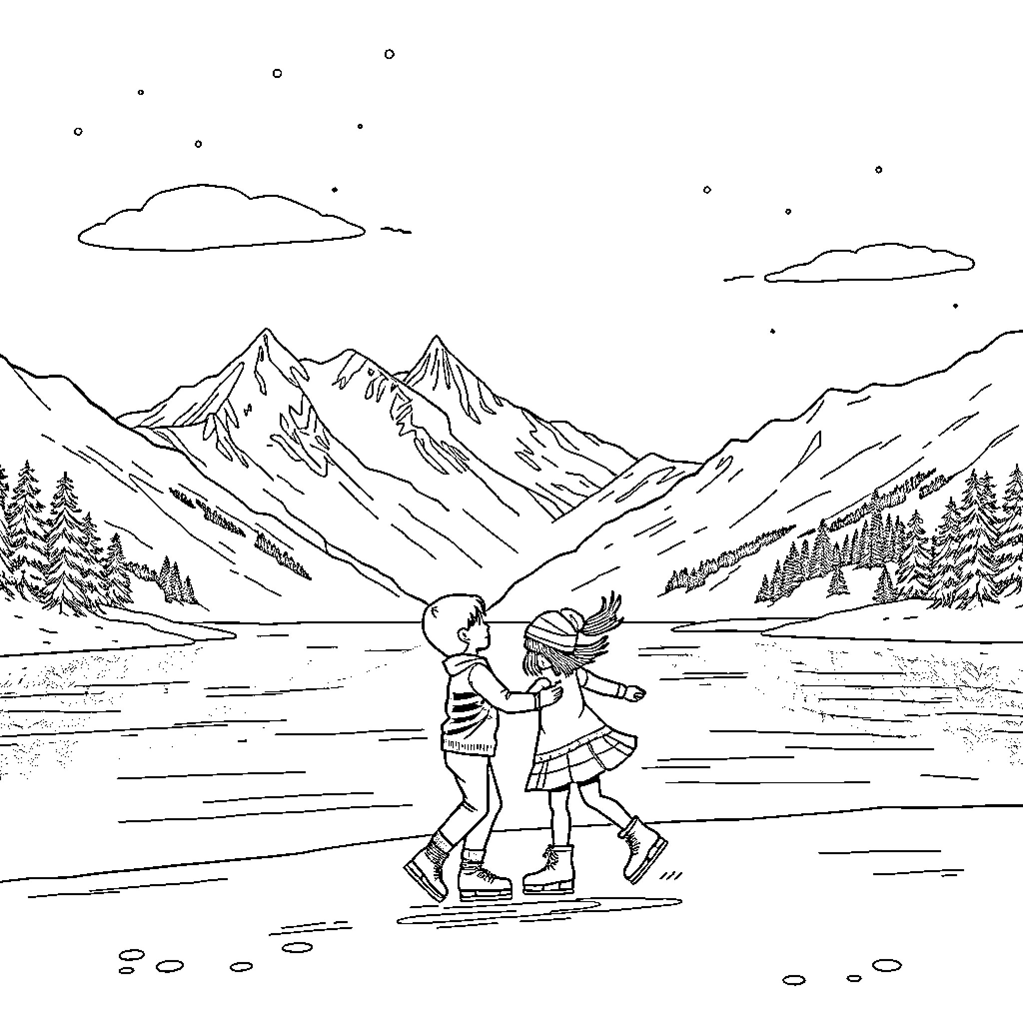 Figure Skaters Gliding on Ice in Scenic Mountain Landscape Coloring Page (free black-and-white line drawing printable PDF for all, from beginners to advanced learners, including children, teens, adults, and seniors)