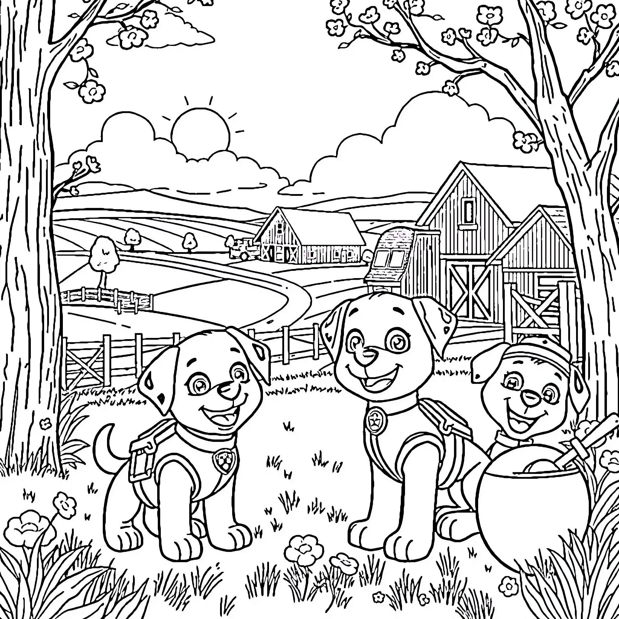 Paw Patrol characters exploring the countryside Coloring Page (free black-and-white line drawing printable PDF for all, from beginners to advanced learners, including children, teens, adults, and seniors)