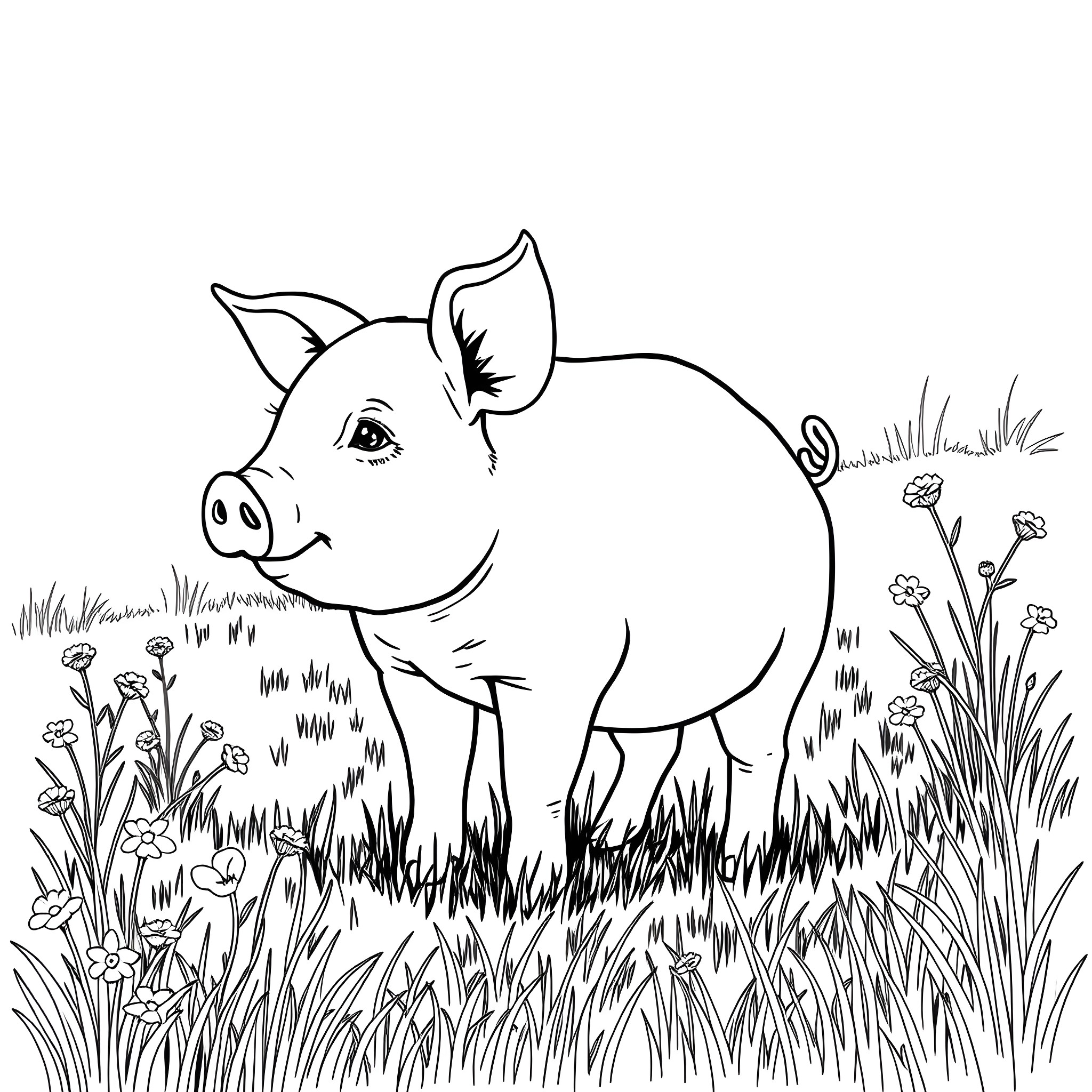 Pig resting in a grassy field with flowers Coloring Page (free black-and-white line drawing printable PDF for all, from beginners to advanced learners, including children, teens, adults, and seniors)