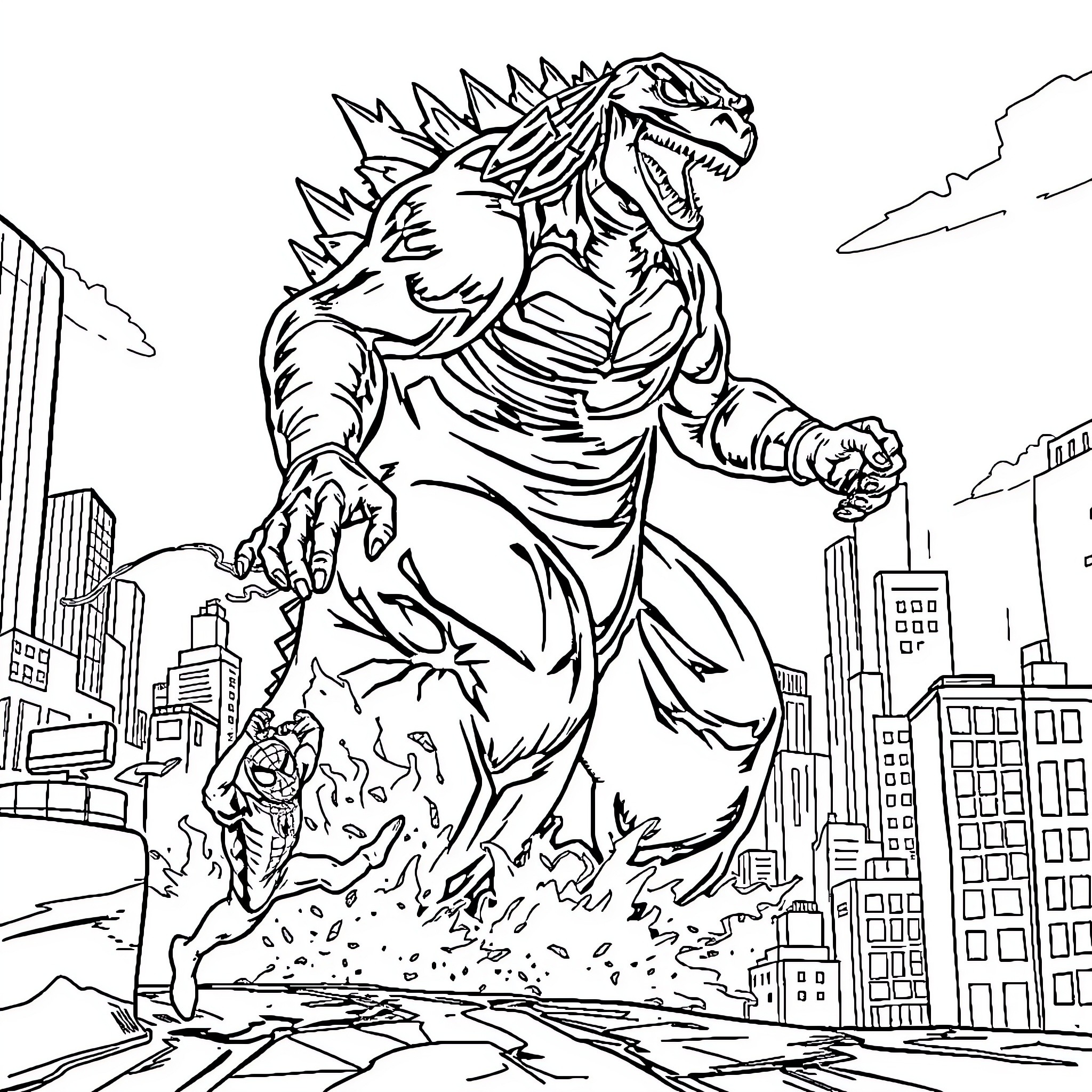 Spiderman battles giant mutant lizard in city Coloring Page (free black-and-white line drawing printable PDF for all, from beginners to advanced learners, including children, teens, adults, and seniors)