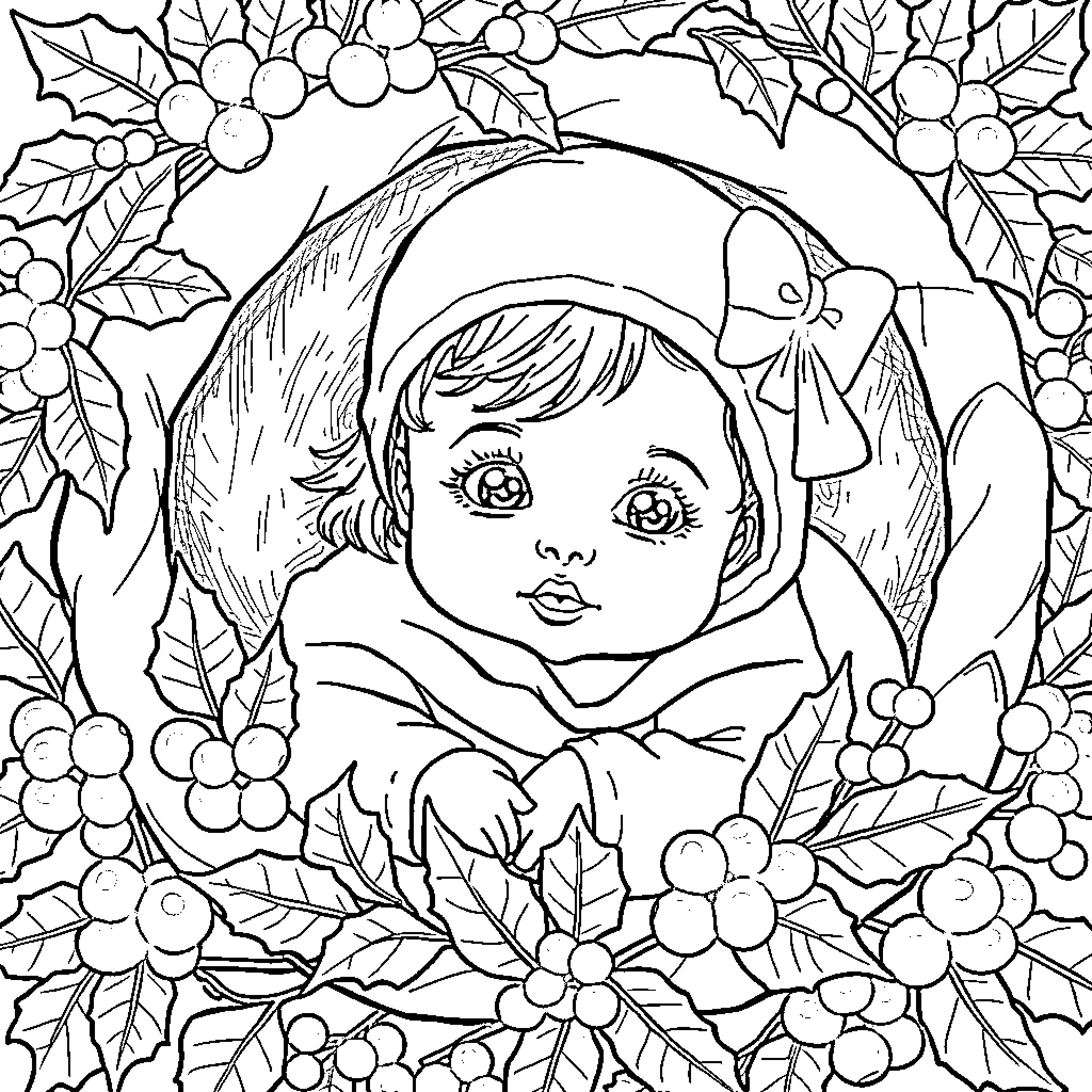 Baby Girl in Winter Wonderland Coloring Page (free black-and-white line drawing printable PDF for all, from beginners to advanced learners, including children, teens, adults, and seniors)