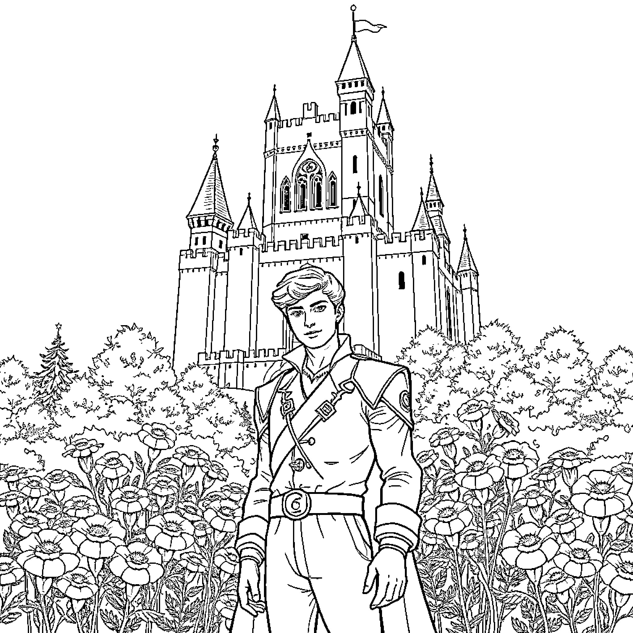 Prince stands before a majestic castle amidst a vibrant garden Coloring Page (free black-and-white line drawing printable PDF for all, from beginners to advanced learners, including children, teens, adults, and seniors)