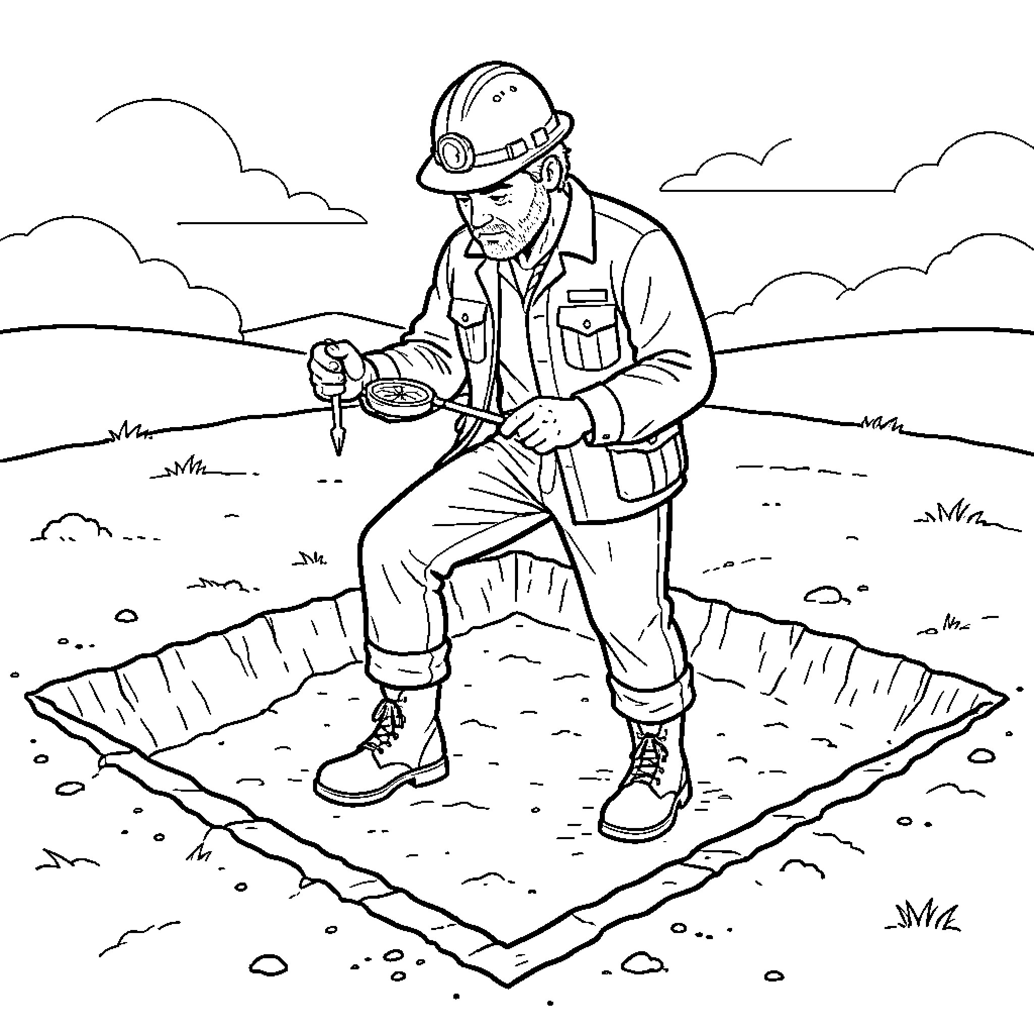 Archeologist carefully digging in a square excavation pit Coloring Page (free black-and-white line drawing printable PDF for all, from beginners to advanced learners, including children, teens, adults, and seniors)
