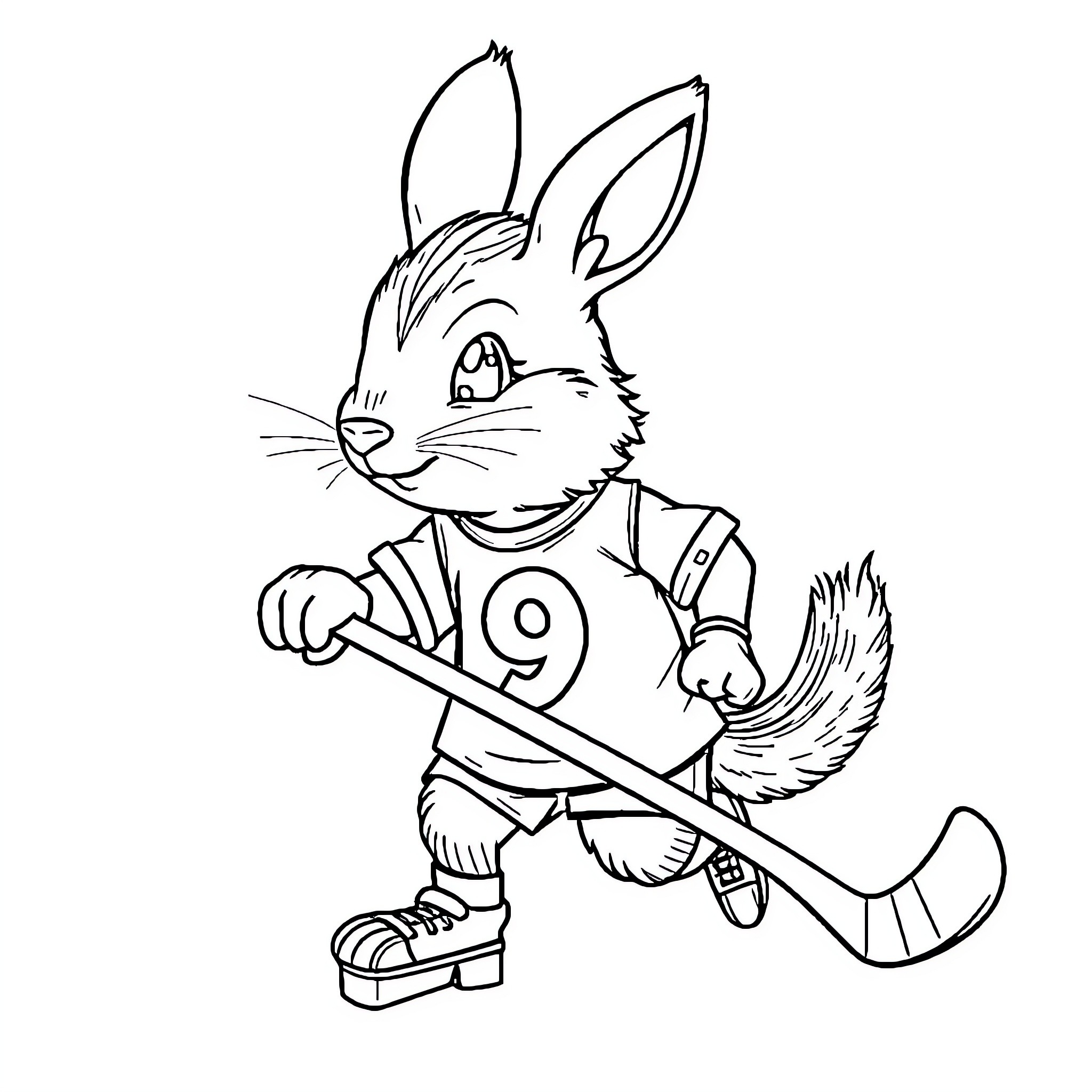 Conejo playing with hockey stick Coloring Page (free black-and-white line drawing printable PDF for all, from beginners to advanced learners, including children, teens, adults, and seniors)