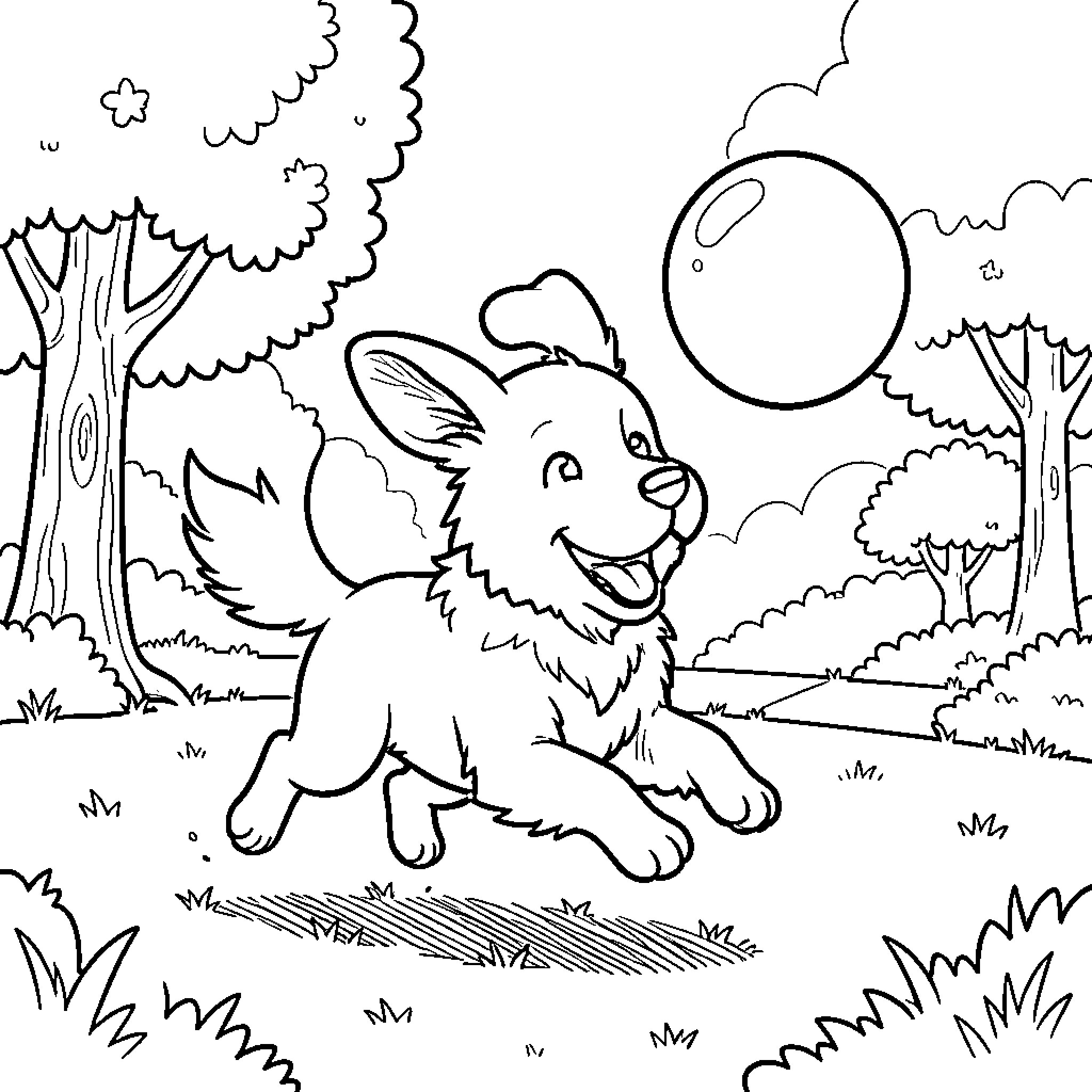 Dog running happily in the forest Coloring Page (free black-and-white line drawing printable PDF for all, from beginners to advanced learners, including children, teens, adults, and seniors)