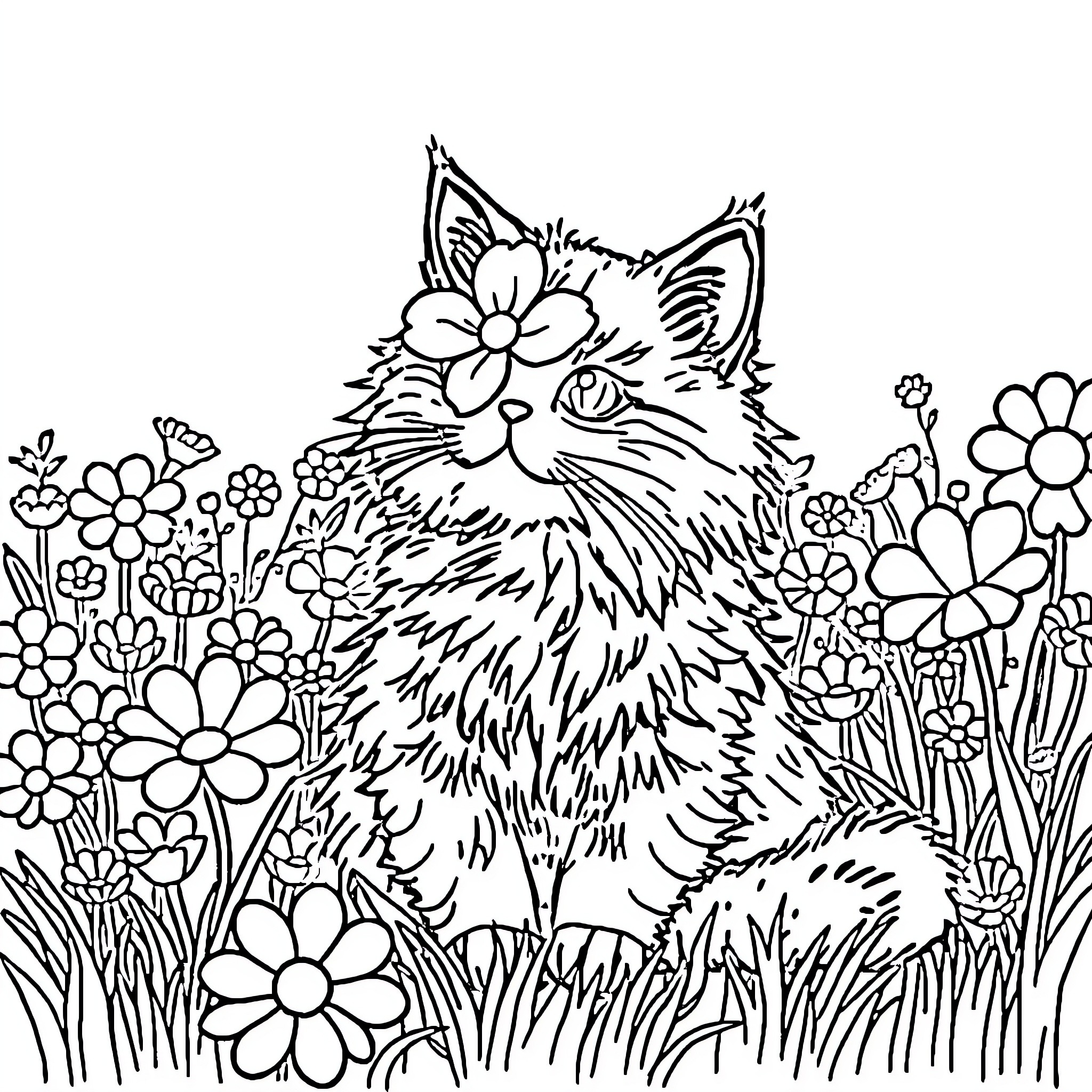 Cat in a Floral Garden Coloring Page (free black-and-white line drawing printable PDF for all, from beginners to advanced learners, including children, teens, adults, and seniors)
