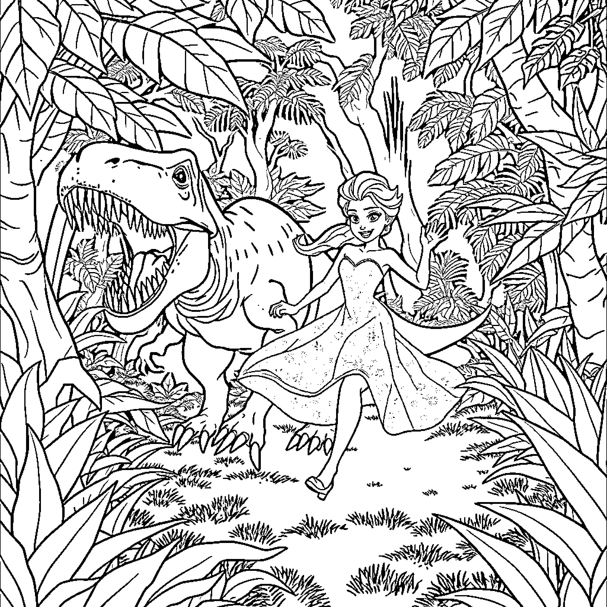 Elsa's Adventure in the Enchanted Forest Coloring Page (free black-and-white line drawing printable PDF for all, from beginners to advanced learners, including children, teens, adults, and seniors)