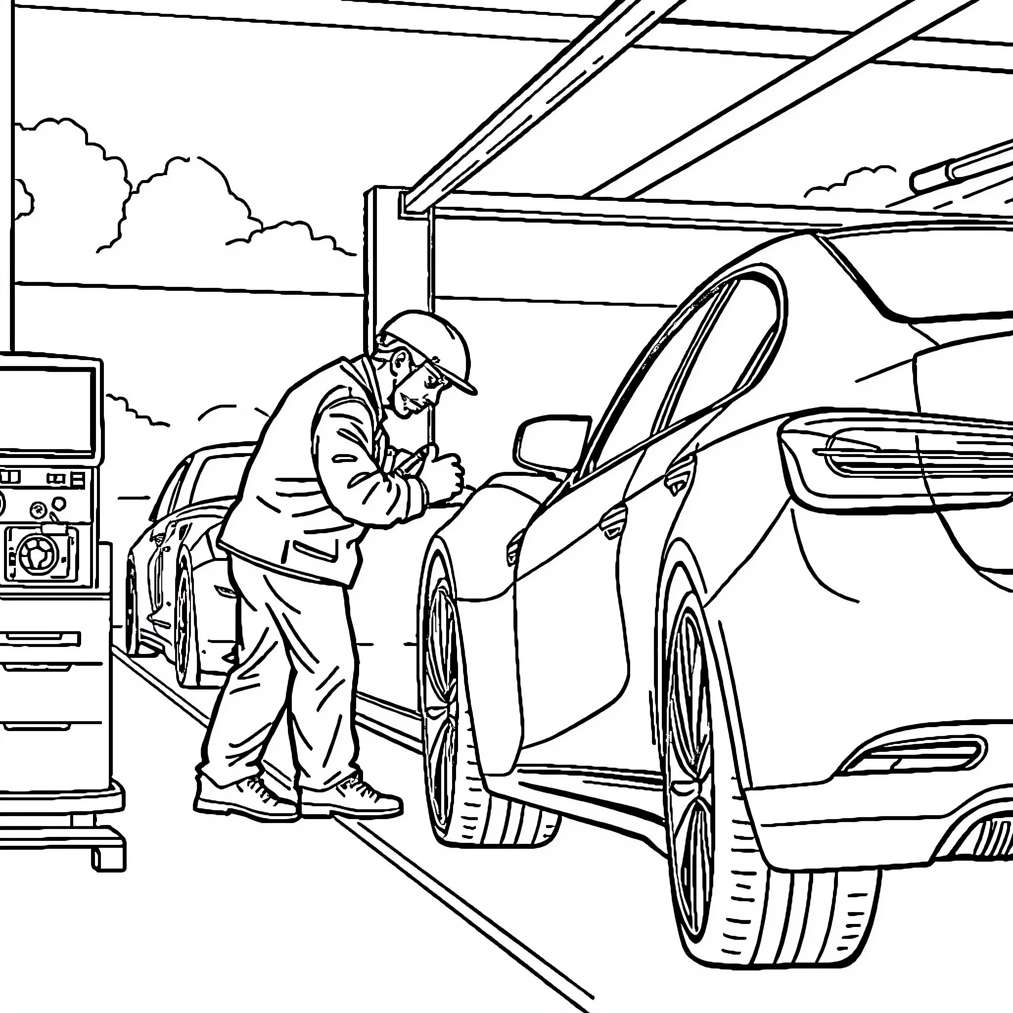 Automobile mechanic repairing car in garage Coloring Page (free black-and-white line drawing printable PDF for all, from beginners to advanced learners, including children, teens, adults, and seniors)