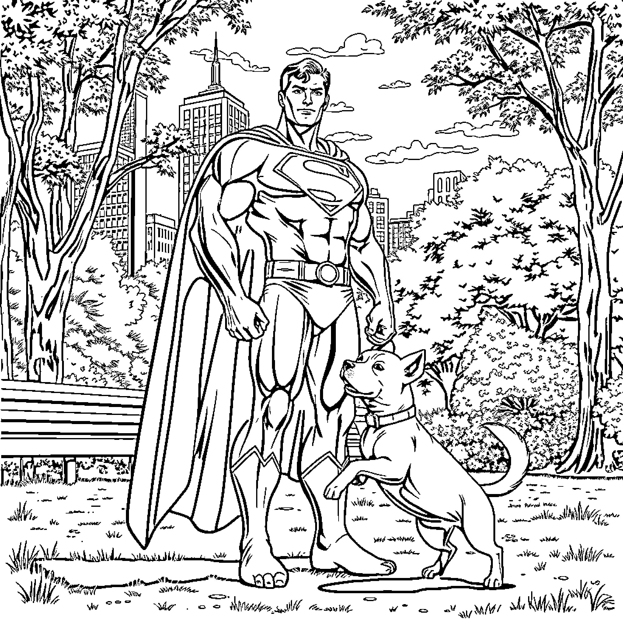 Superman heroically stands tall with loyal canine companion Coloring Page (free black-and-white line drawing printable PDF for all, from beginners to advanced learners, including children, teens, adults, and seniors)