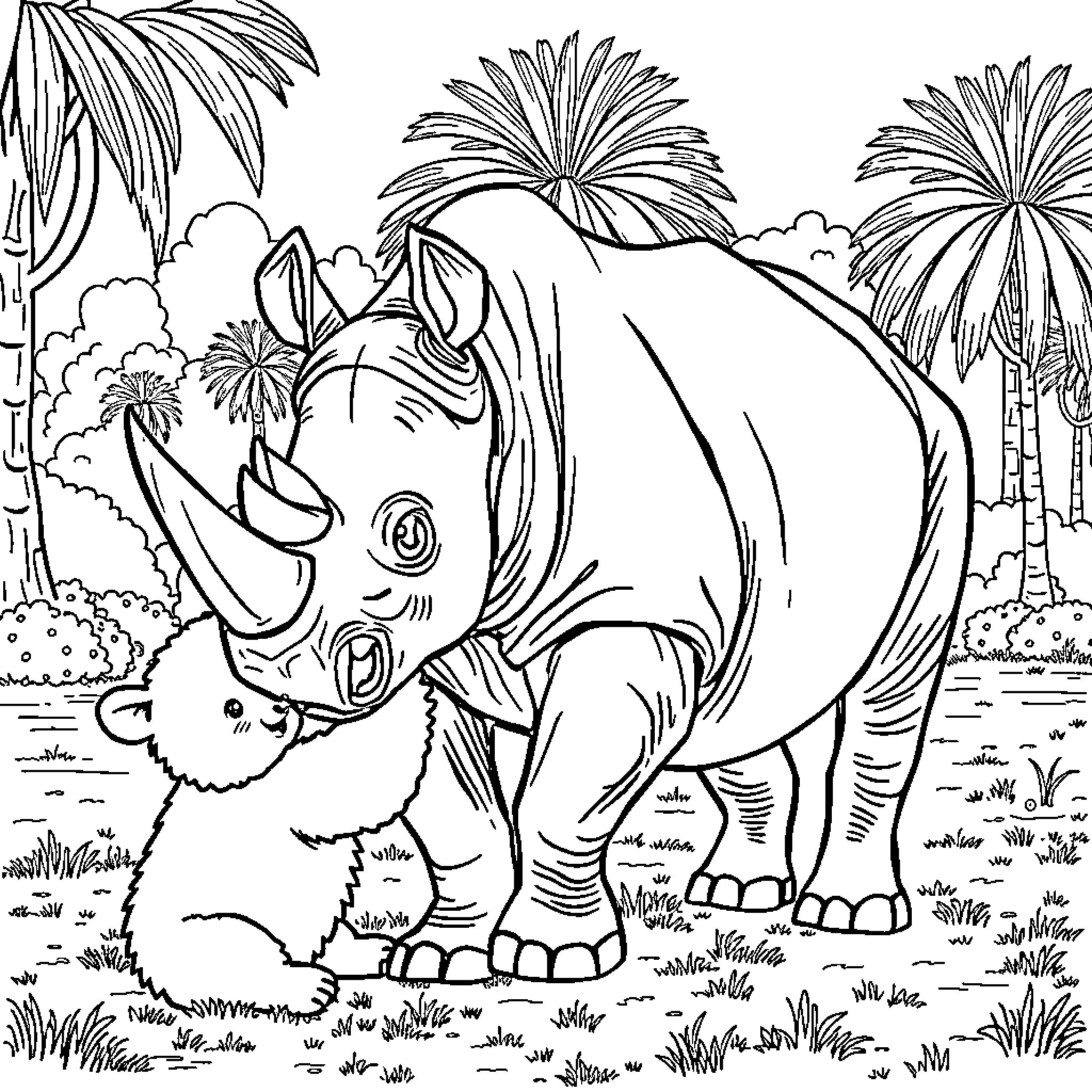 Rhinoceros playing in the jungle landscape Coloring Page (free black-and-white line drawing printable PDF for all, from beginners to advanced learners, including children, teens, adults, and seniors)