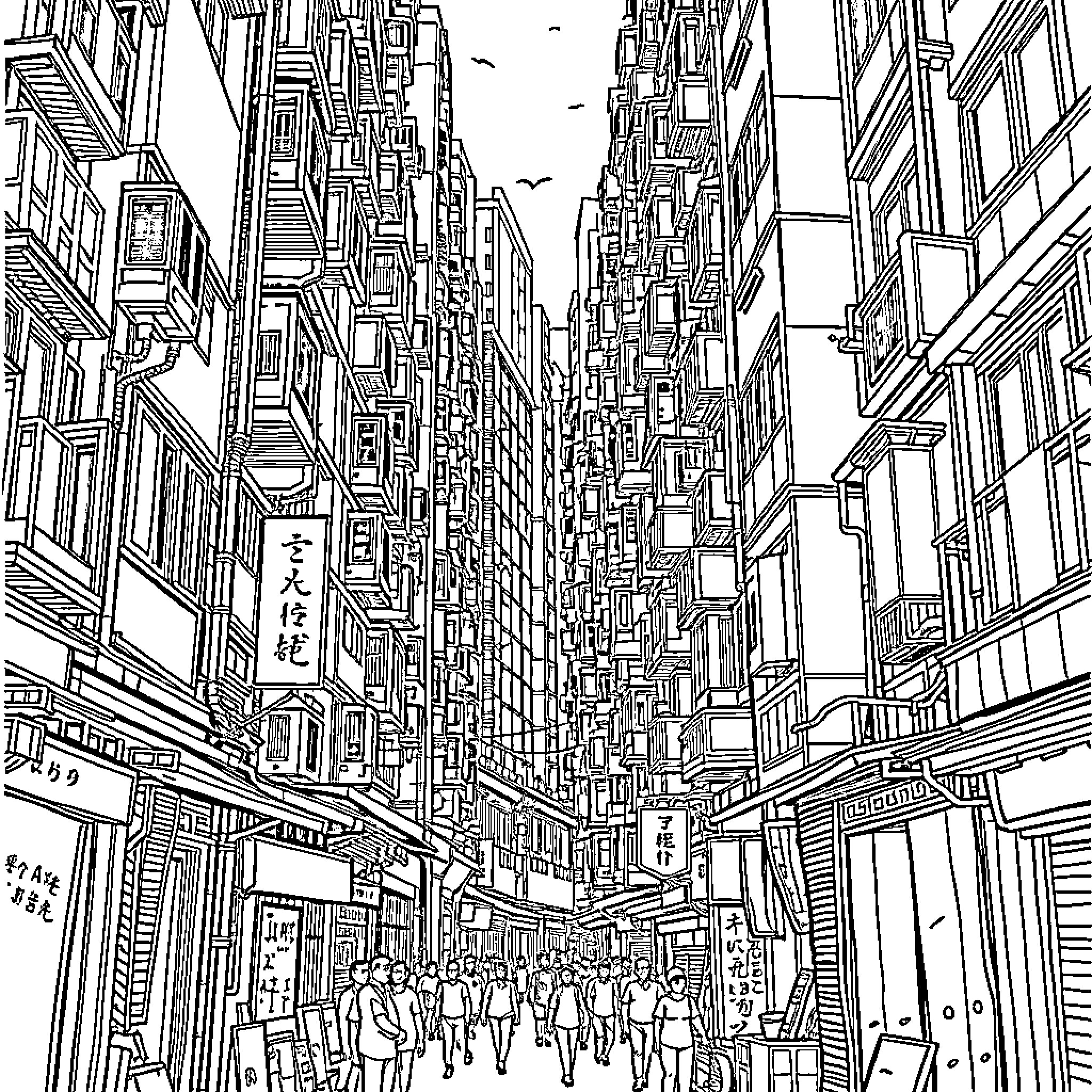 Alley of Bustling City Scenes Coloring Page (free black-and-white line drawing printable PDF for all, from beginners to advanced learners, including children, teens, adults, and seniors)