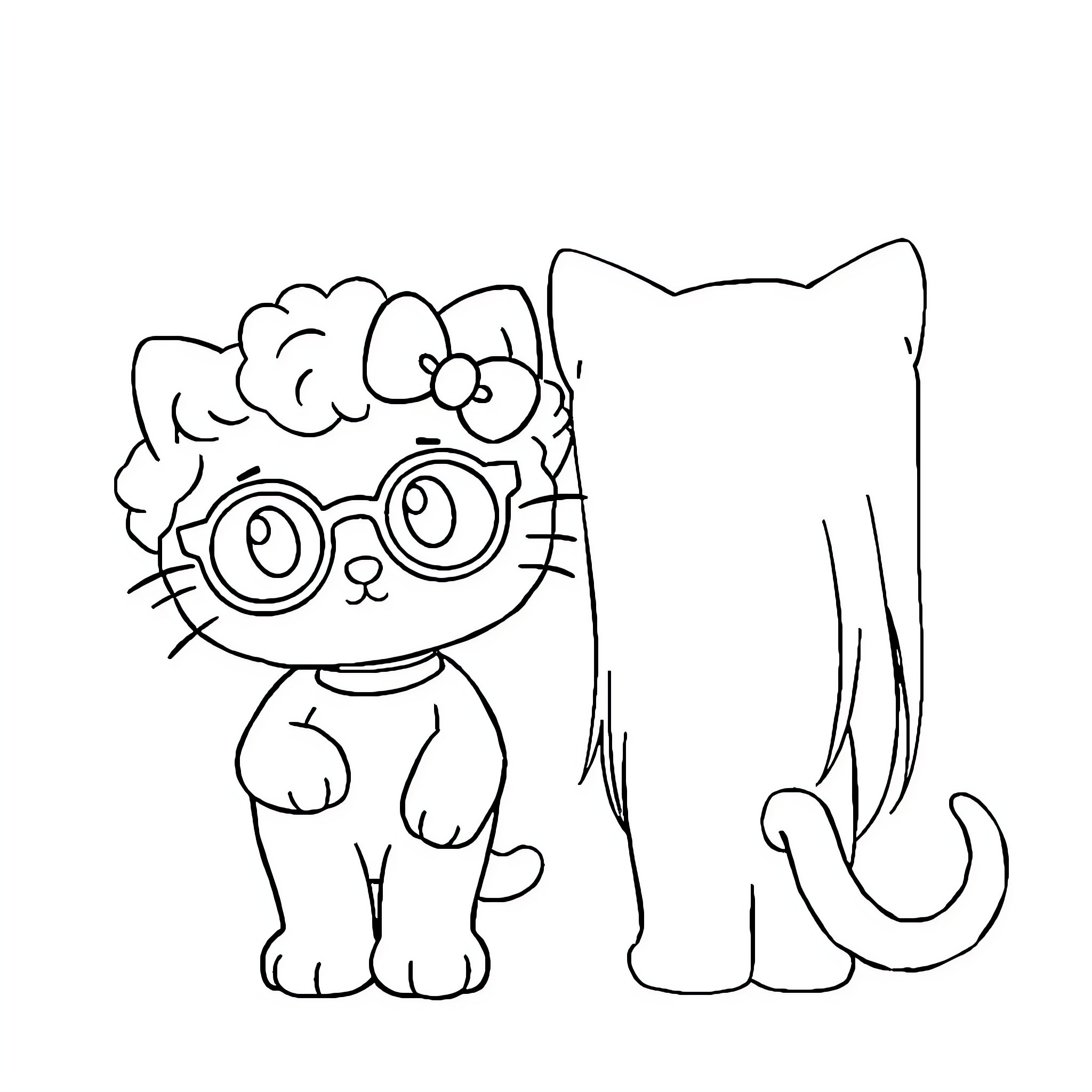 Hello Kitty wearing cute glasses and posing Coloring Page (free black-and-white line drawing printable PDF for all, from beginners to advanced learners, including children, teens, adults, and seniors)